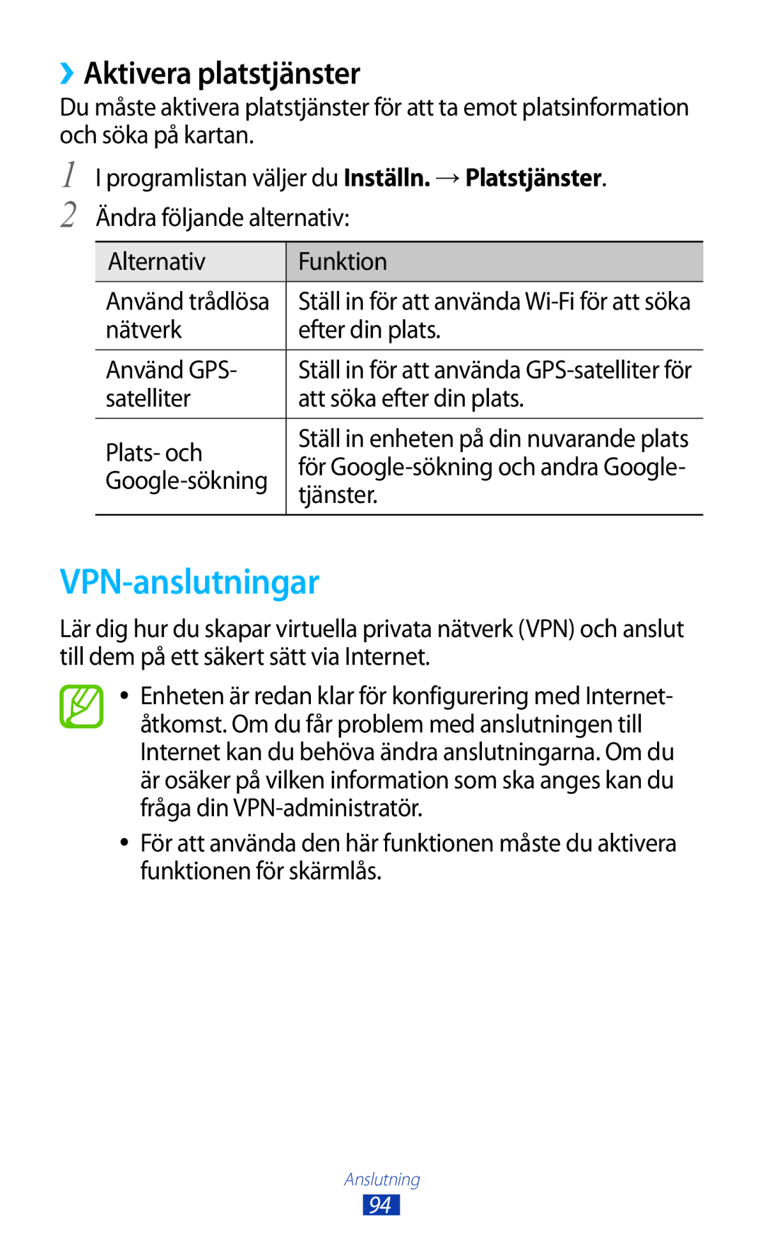 Samsung GT-P5110ZWANEE, GT-P5110TSANEE, GT-P5110GRANEE manual VPN-anslutningar, ››Aktivera platstjänster 