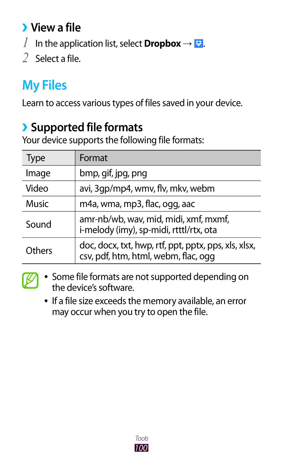 Samsung GT-P5110GRAXSK My Files, ››View a file, ››Supported file formats, Application list, select Dropbox → Select a file 