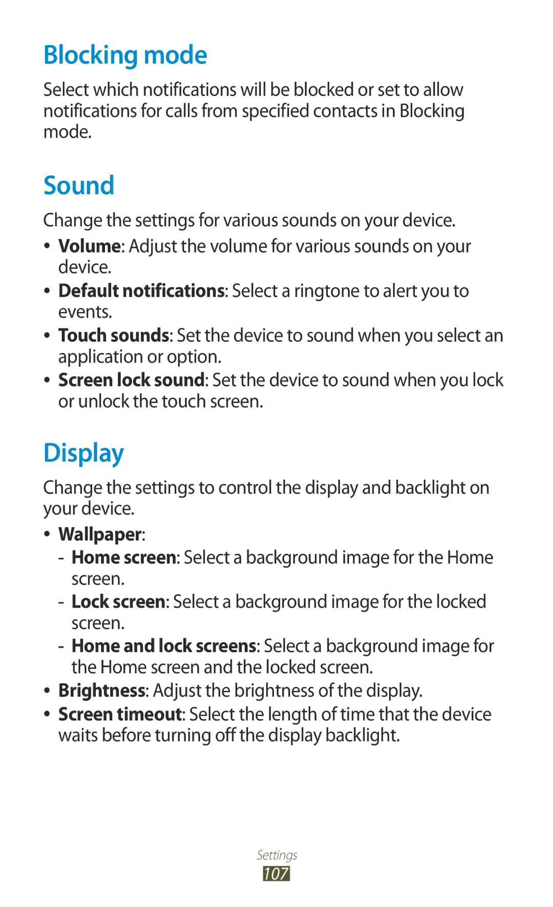 Samsung GT-P5110ZWACYO, GT-P5110TSATUR, GT-P5110GRAATO, GT-P5110ZWAITV manual Blocking mode, Sound, Display, Wallpaper 