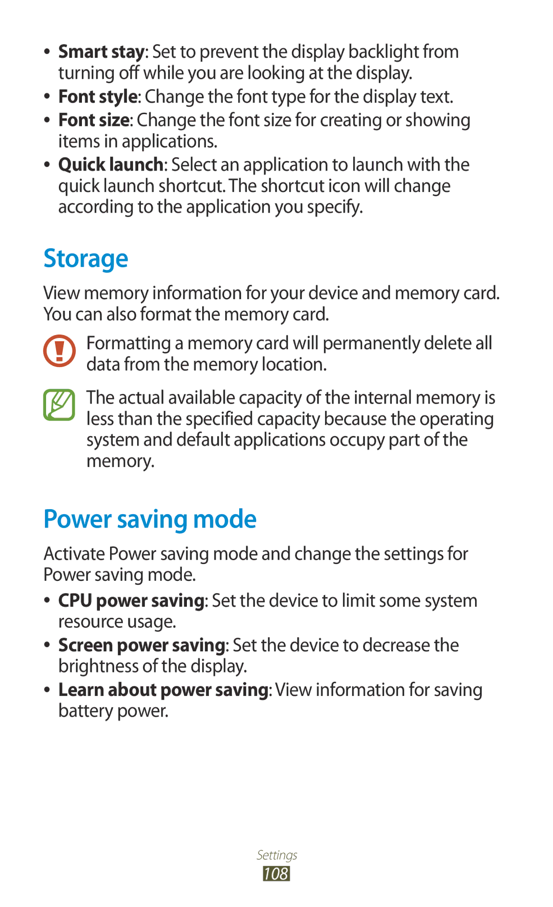 Samsung GT-P5110TSACYO, GT-P5110TSATUR, GT-P5110GRAATO, GT-P5110ZWAITV, GT-P5110ZWAATO manual Storage, Power saving mode 