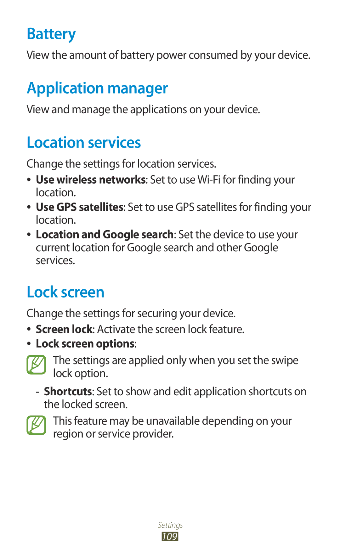 Samsung GT-P5110GRAEUR, GT-P5110TSATUR, GT-P5110GRAATO manual Battery, Application manager, Location services, Lock screen 