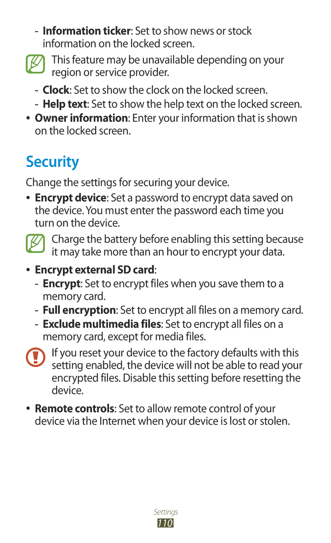 Samsung GT-P5110TSACOA, GT-P5110TSATUR, GT-P5110GRAATO manual Security, On the locked screen, Encrypt external SD card 