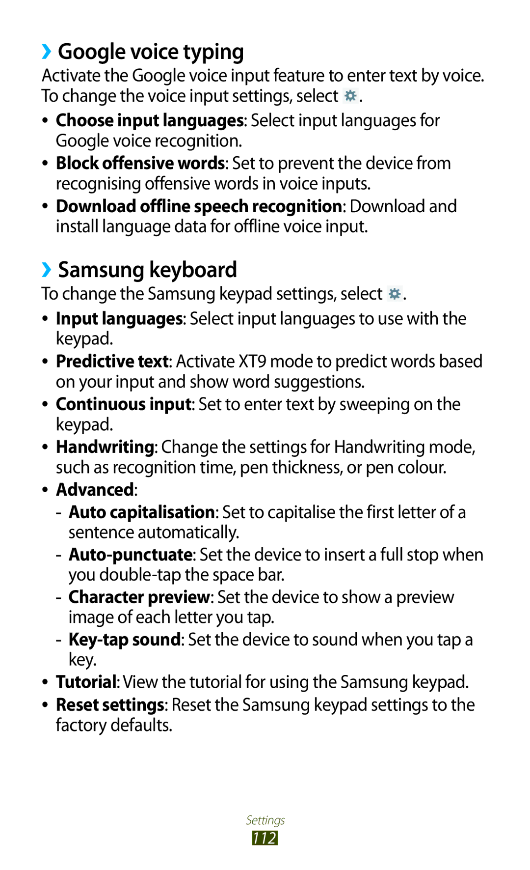 Samsung GT-P5110ZWEAUT, GT-P5110TSATUR, GT-P5110GRAATO, GT-P5110ZWAITV ››Google voice typing, ››Samsung keyboard, Advanced 