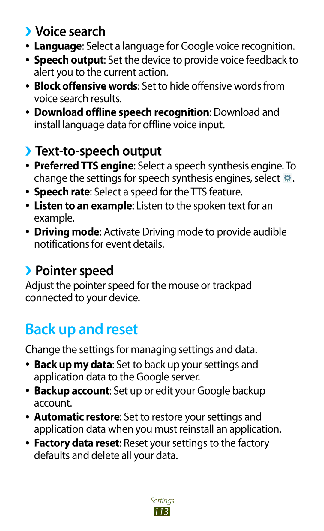 Samsung GT-P5110TSEXEH, GT-P5110TSATUR manual Back up and reset, ››Voice search, ››Text-to-speech output, ››Pointer speed 