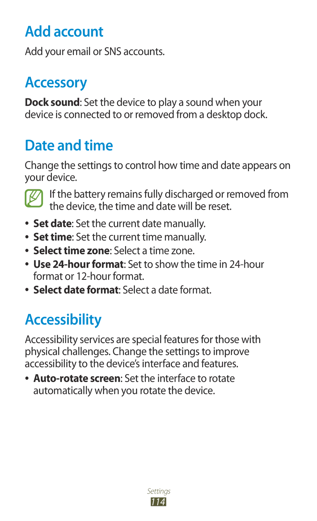 Samsung GT-P5110TSAXEH manual Add account, Accessory, Date and time, Accessibility, Add your email or SNS accounts 