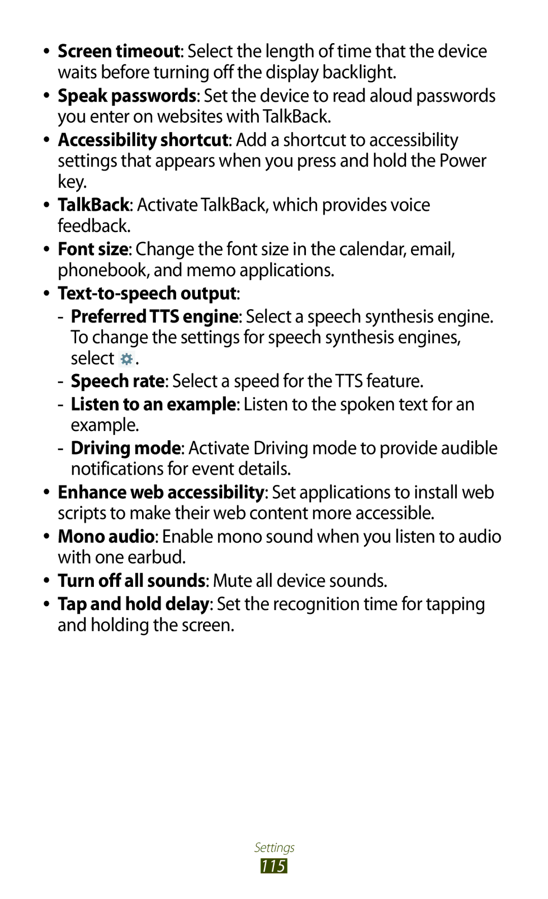 Samsung GT-P5110TSASER, GT-P5110TSATUR, GT-P5110GRAATO, GT-P5110ZWAITV, GT-P5110ZWAATO, GT-P5110TSADBT Text-to-speech output 