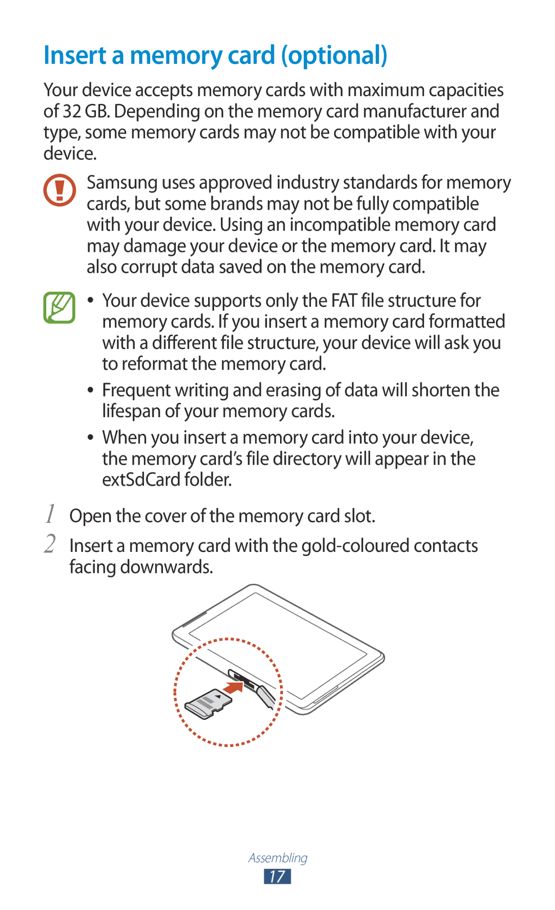 Samsung GT-P5110TSAFTM, GT-P5110TSATUR, GT-P5110GRAATO, GT-P5110ZWAITV, GT-P5110ZWAATO manual Insert a memory card optional 