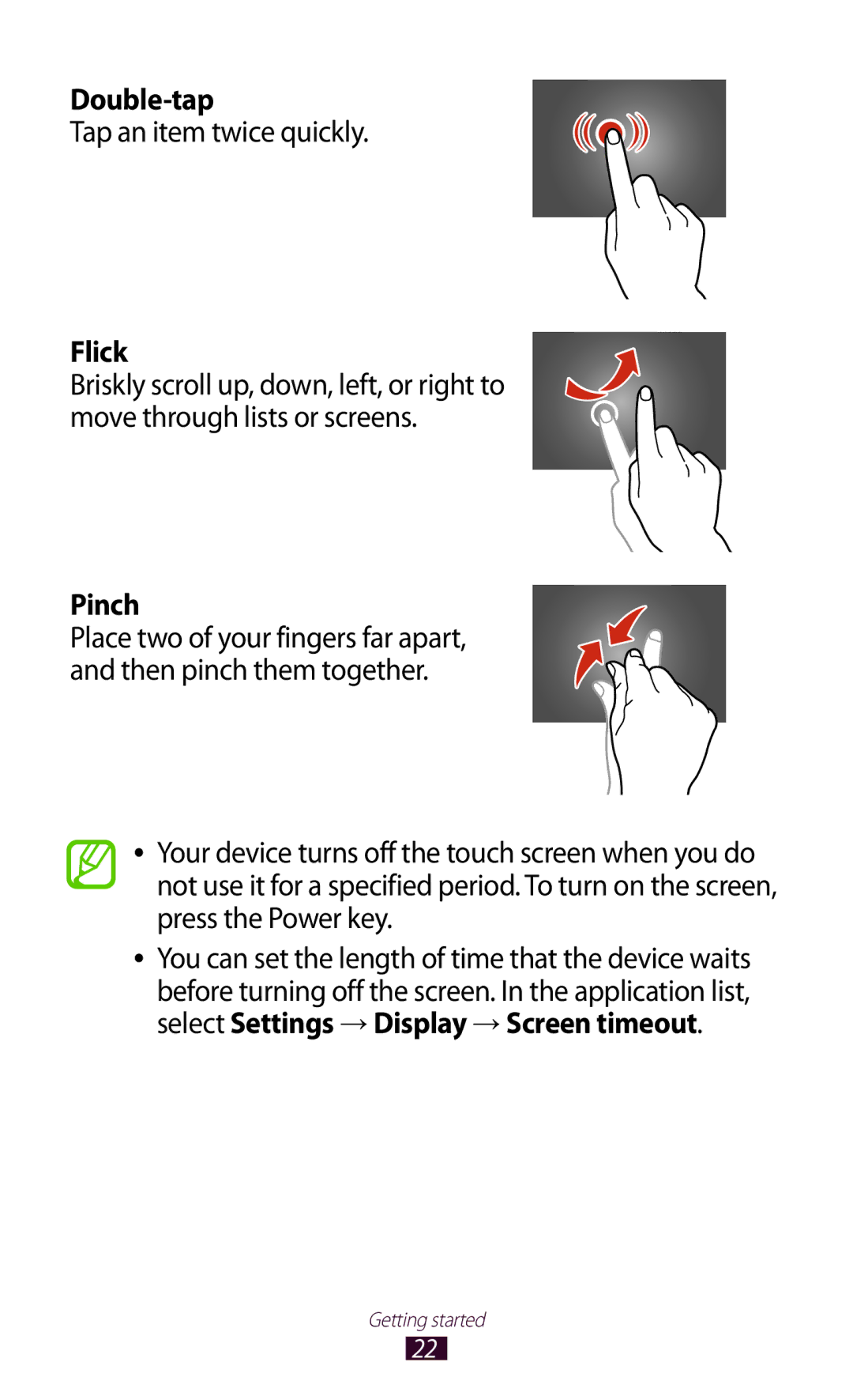 Samsung GT-P5110ZWEPHE, GT-P5110TSATUR, GT-P5110GRAATO, GT-P5110ZWAITV Double-tap, Tap an item twice quickly, Flick, Pinch 