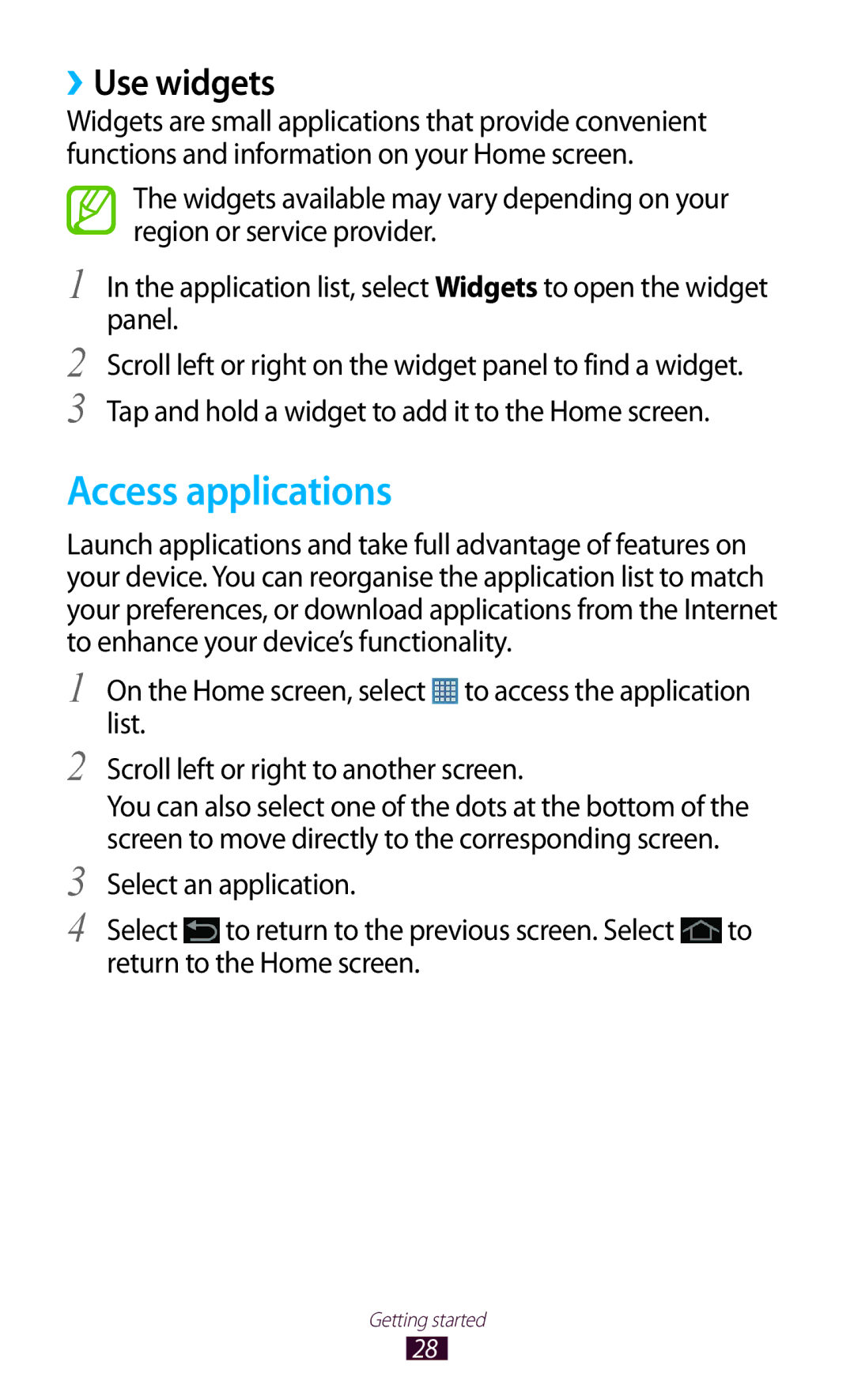 Samsung GT-P5110TSATRA, GT-P5110TSATUR, GT-P5110GRAATO, GT-P5110ZWAITV, GT-P5110ZWAATO Access applications, ››Use widgets 