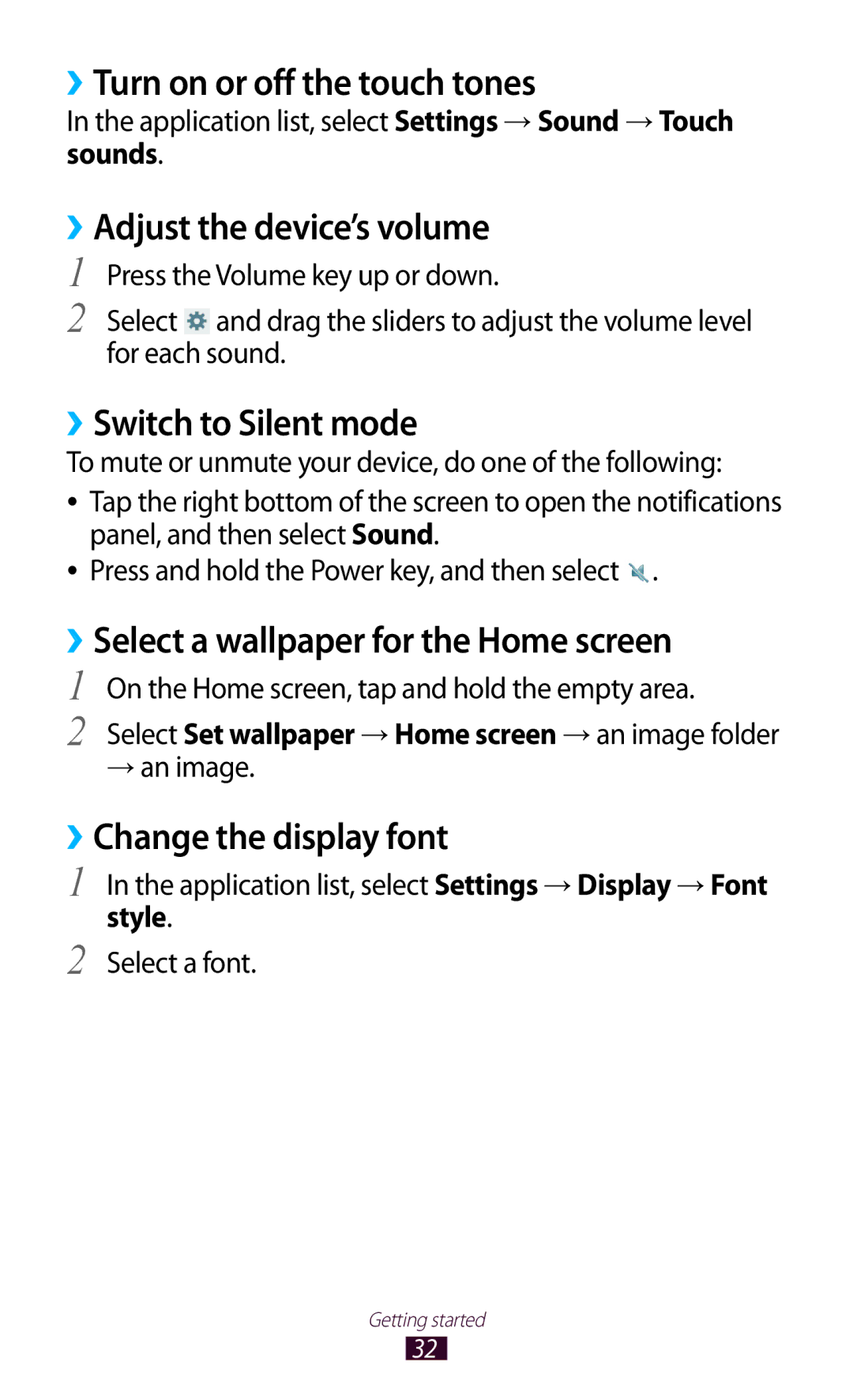 Samsung GT-P5110TSEXEZ manual ››Turn on or off the touch tones, ››Adjust the device’s volume, ››Switch to Silent mode 