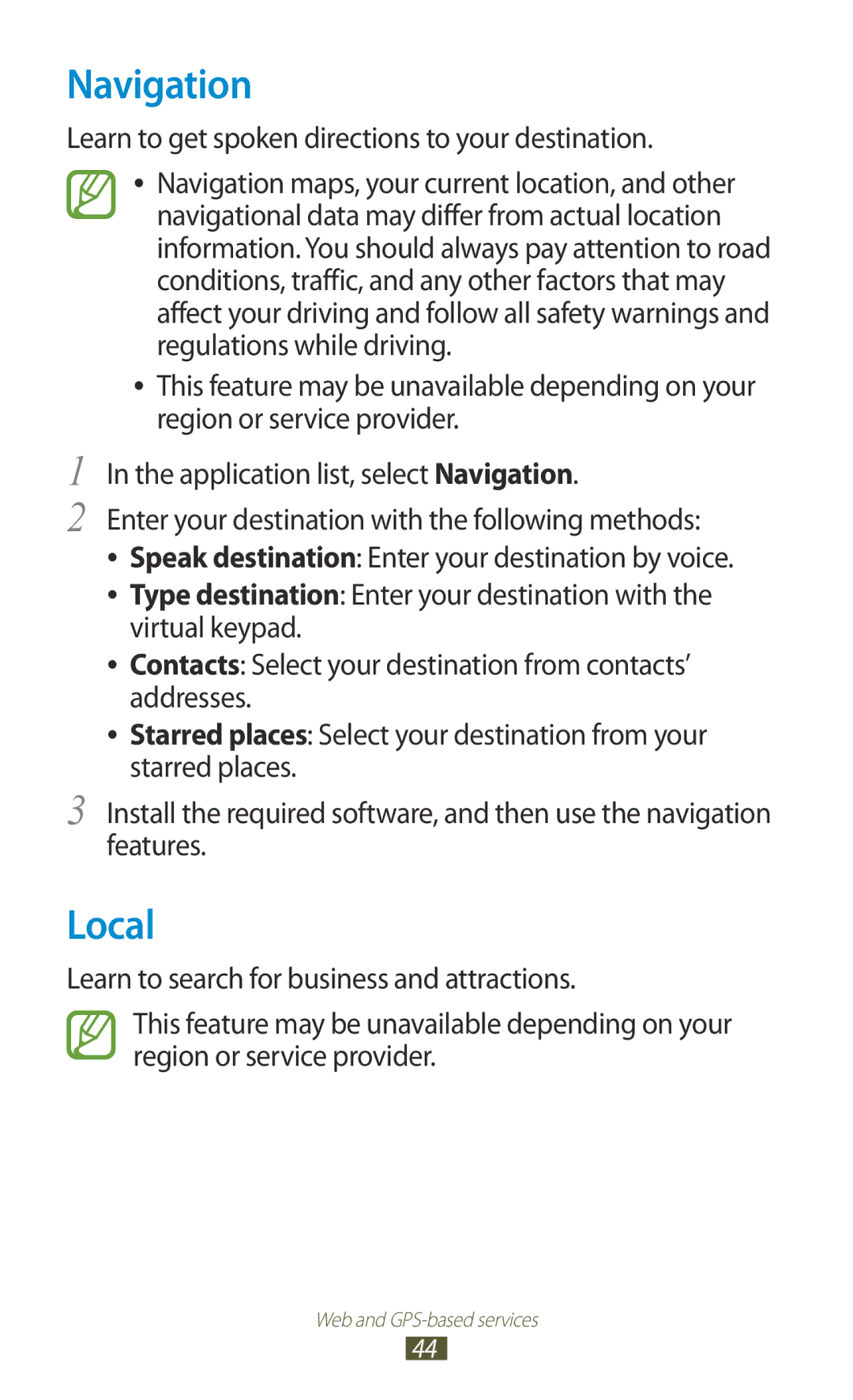 Samsung GT-P5110ZWASEB, GT-P5110TSATUR manual Navigation, Local, Learn to get spoken directions to your destination 