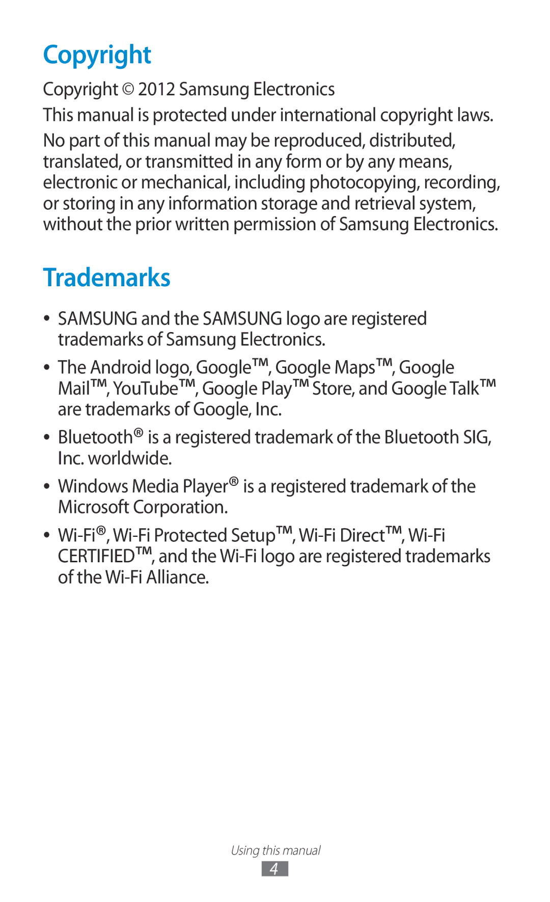 Samsung GT-P5110ZWADBT, GT-P5110TSATUR, GT-P5110GRAATO, GT-P5110ZWAITV, GT-P5110ZWAATO, GT-P5110TSADBT Copyright, Trademarks 