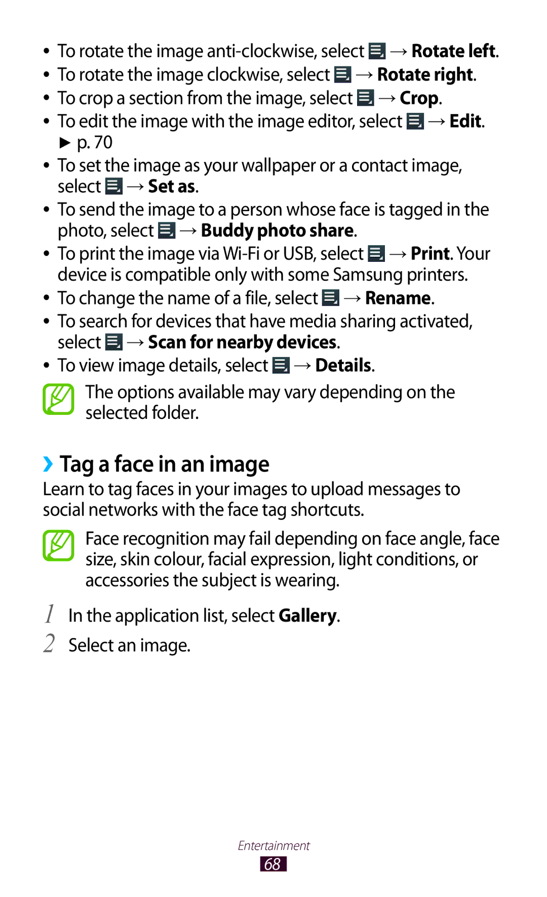 Samsung GT-P5110TSAATO manual ››Tag a face in an image, To rotate the image anti-clockwise, select → Rotate left, → Crop 