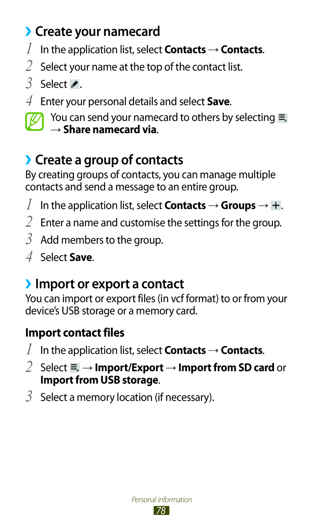 Samsung GT-P5110TSAXEF, GT-P5110TSATUR ››Create your namecard, ››Create a group of contacts, ››Import or export a contact 