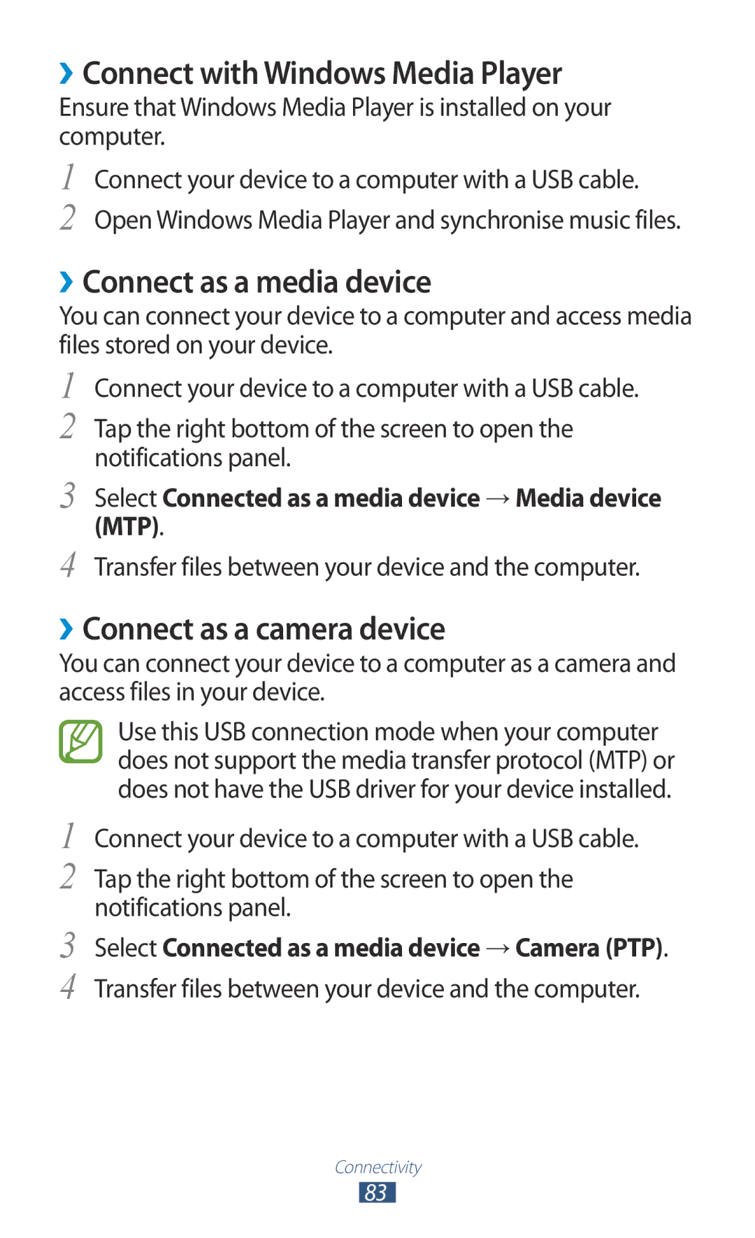 Samsung GT-P5110ZWAPHE ››Connect with Windows Media Player, ››Connect as a media device, ››Connect as a camera device 