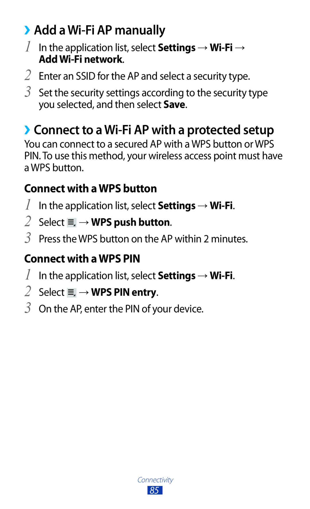 Samsung GT-P5110TSEPHE, GT-P5110TSATUR ››Add a Wi-Fi AP manually, Select → WPS push button, Select → WPS PIN entry 