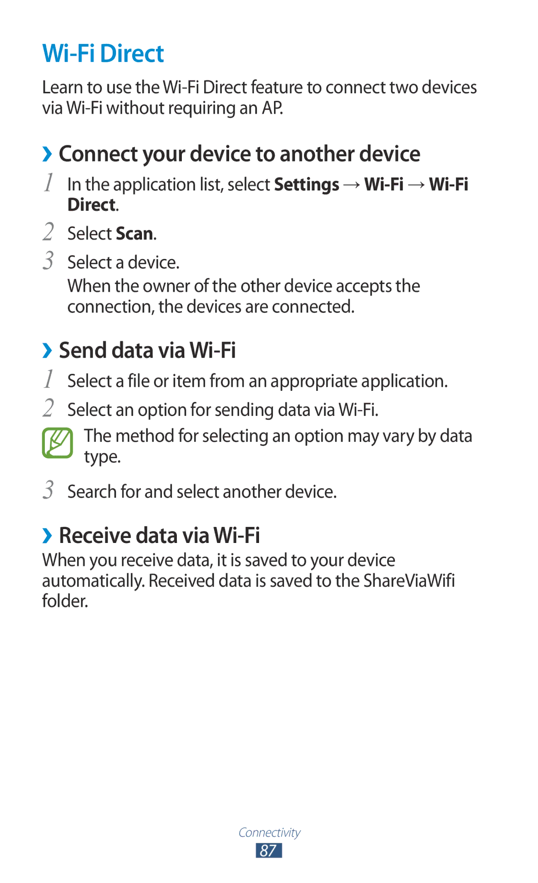 Samsung GT-P5110ZWABGL, GT-P5110TSATUR manual Wi-Fi Direct, ››Connect your device to another device, ››Send data via Wi-Fi 