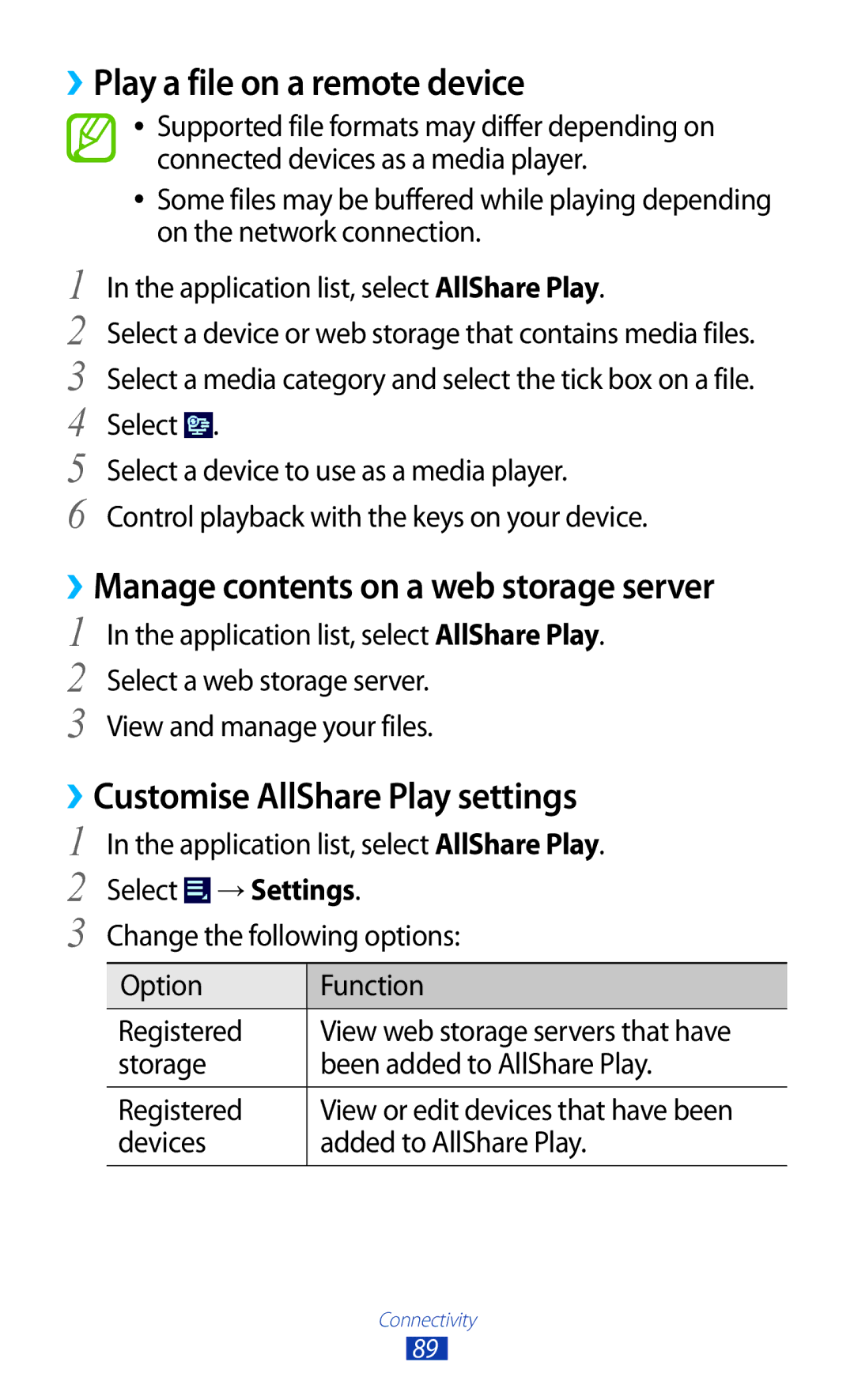 Samsung GT-P5110ZWATRA, GT-P5110TSATUR manual ››Play a file on a remote device, ››Manage contents on a web storage server 