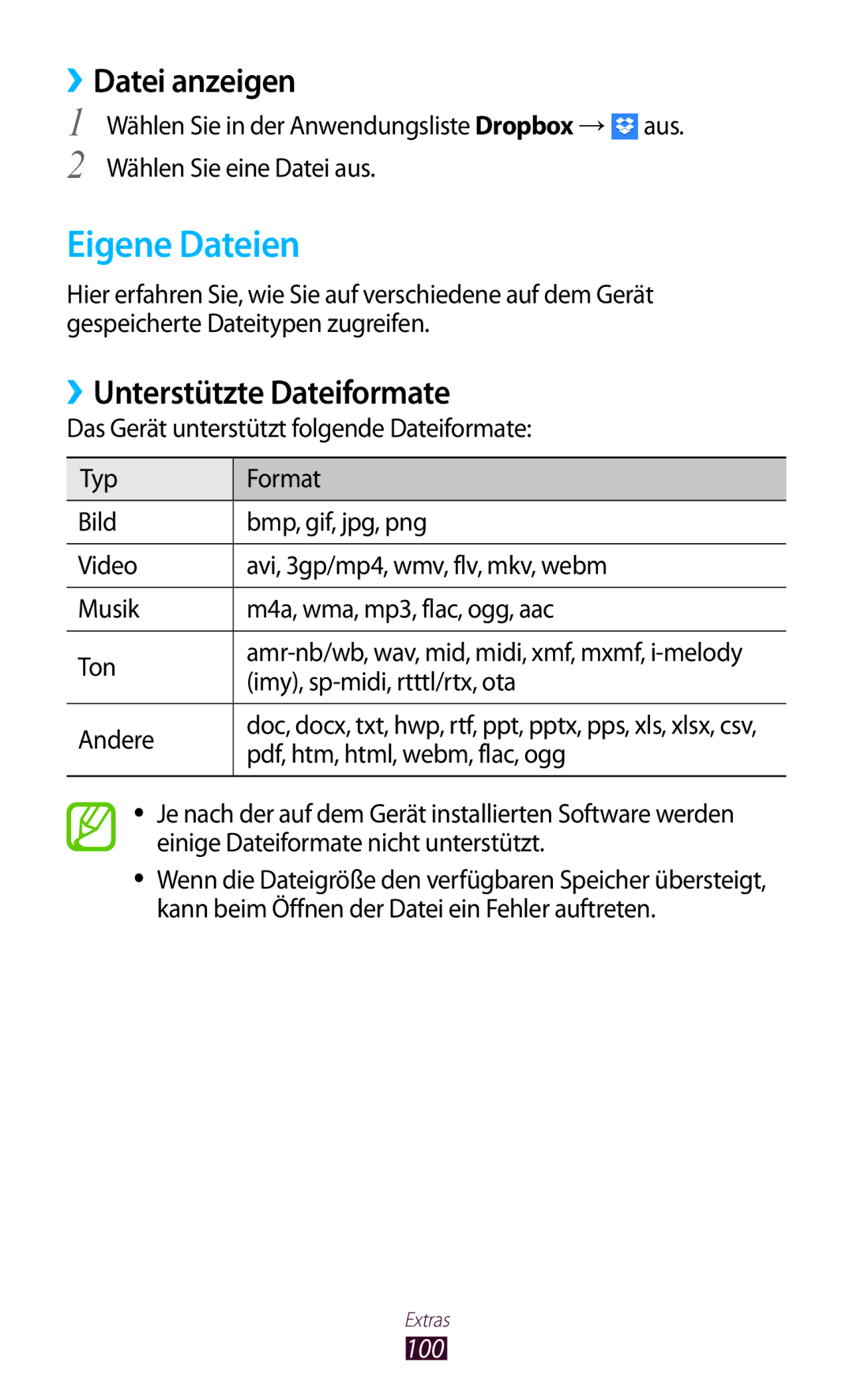 Samsung GT-P5110ZWAITV Eigene Dateien, ››Datei anzeigen, ››Unterstützte Dateiformate, Imy, sp-midi, rtttl/rtx, ota, Andere 