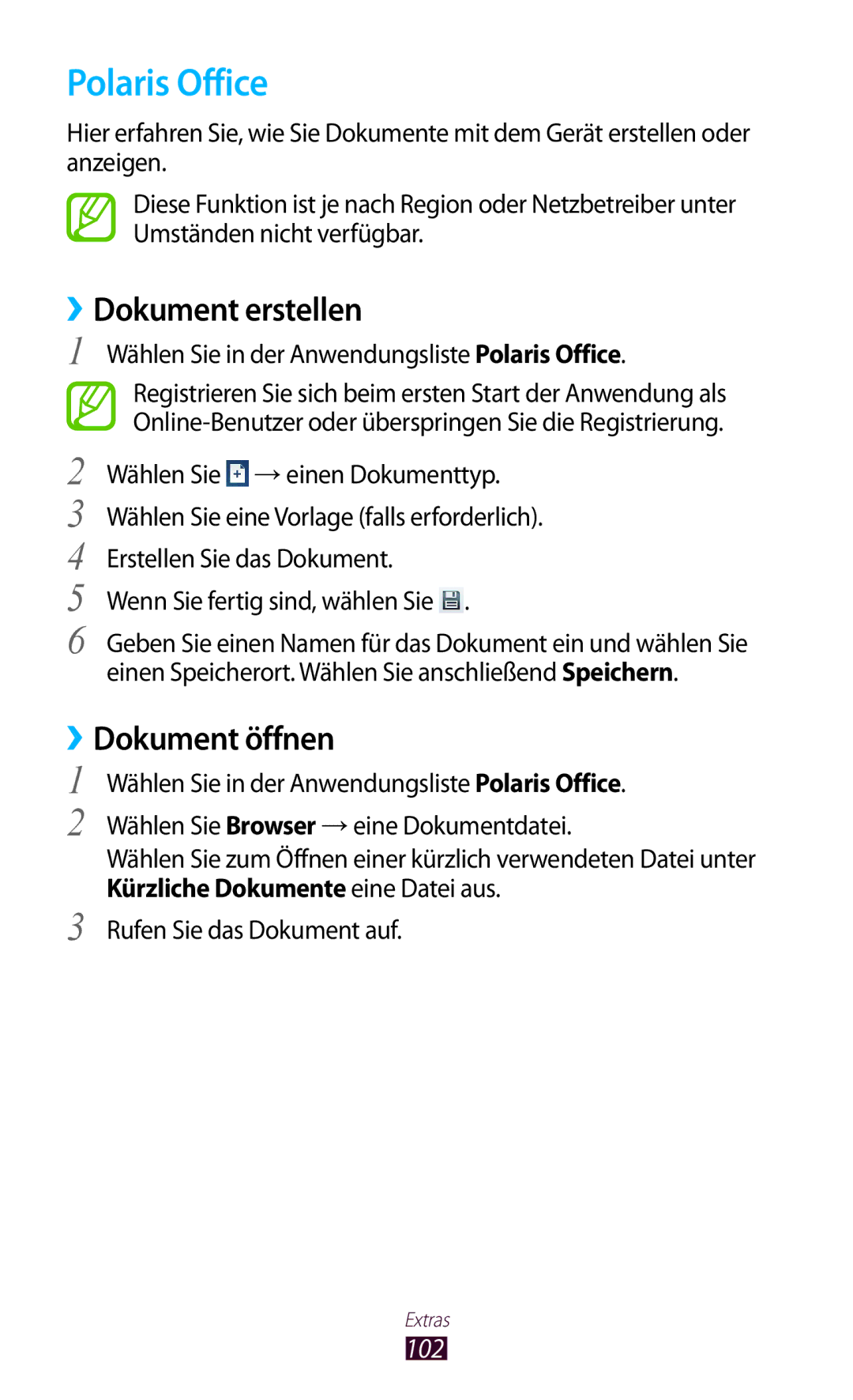 Samsung GT-P5110TSADBT manual Polaris Office, ››Dokument erstellen, ››Dokument öffnen, Wenn Sie fertig sind, wählen Sie 