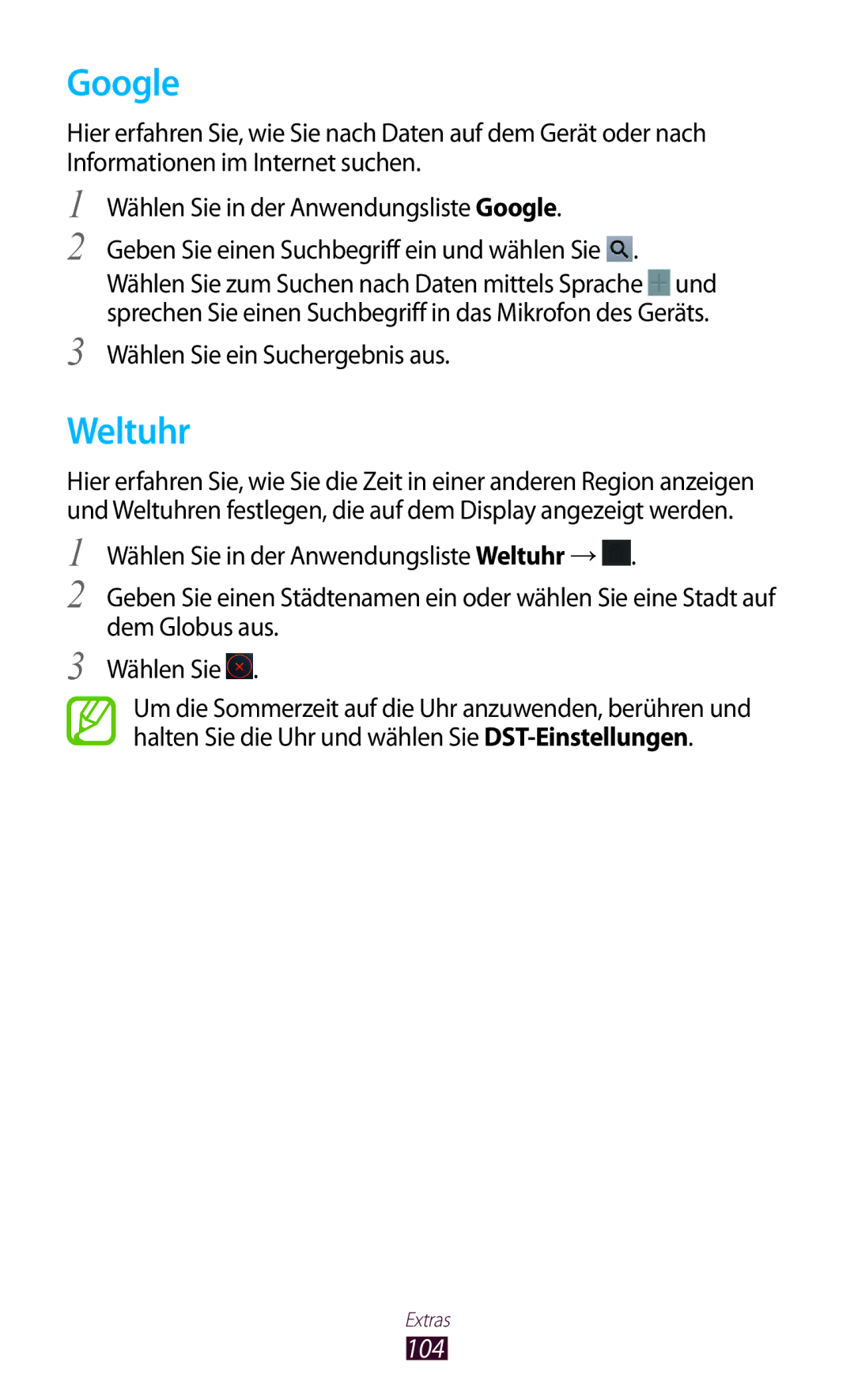 Samsung GT-P5110ZWEDBT, GT-P5110TSATUR, GT-P5110GRAATO, GT-P5110ZWAITV, GT-P5110ZWAATO, GT-P5110TSADBT manual Google, Weltuhr 