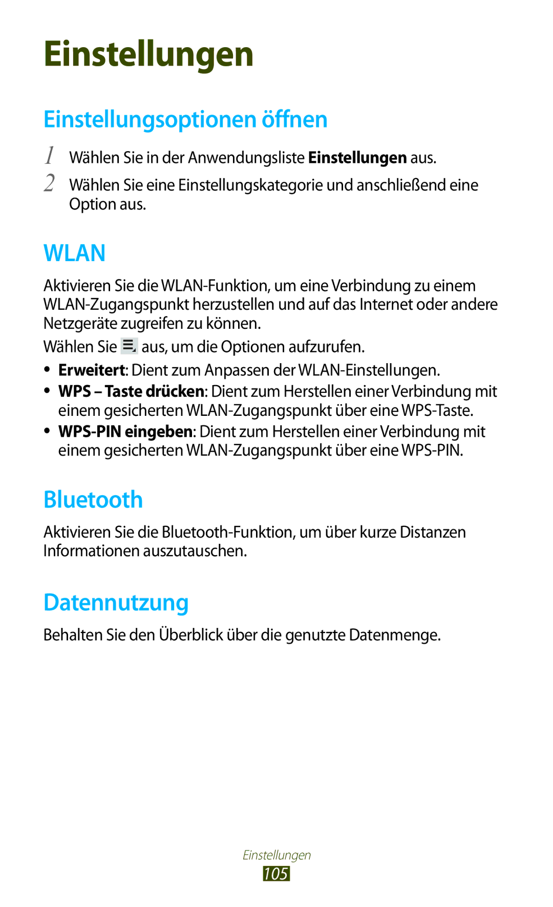 Samsung GT-P5110TSEDBT Einstellungsoptionen öffnen, Datennutzung, Behalten Sie den Überblick über die genutzte Datenmenge 