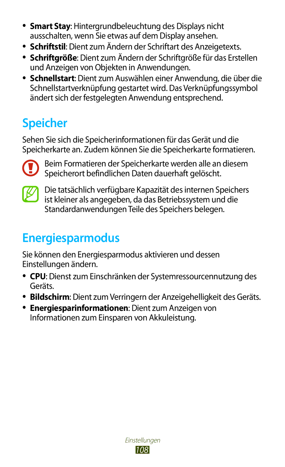 Samsung GT-P5110TSEAUT, GT-P5110TSATUR, GT-P5110GRAATO, GT-P5110ZWAITV, GT-P5110ZWAATO manual Speicher, Energiesparmodus 