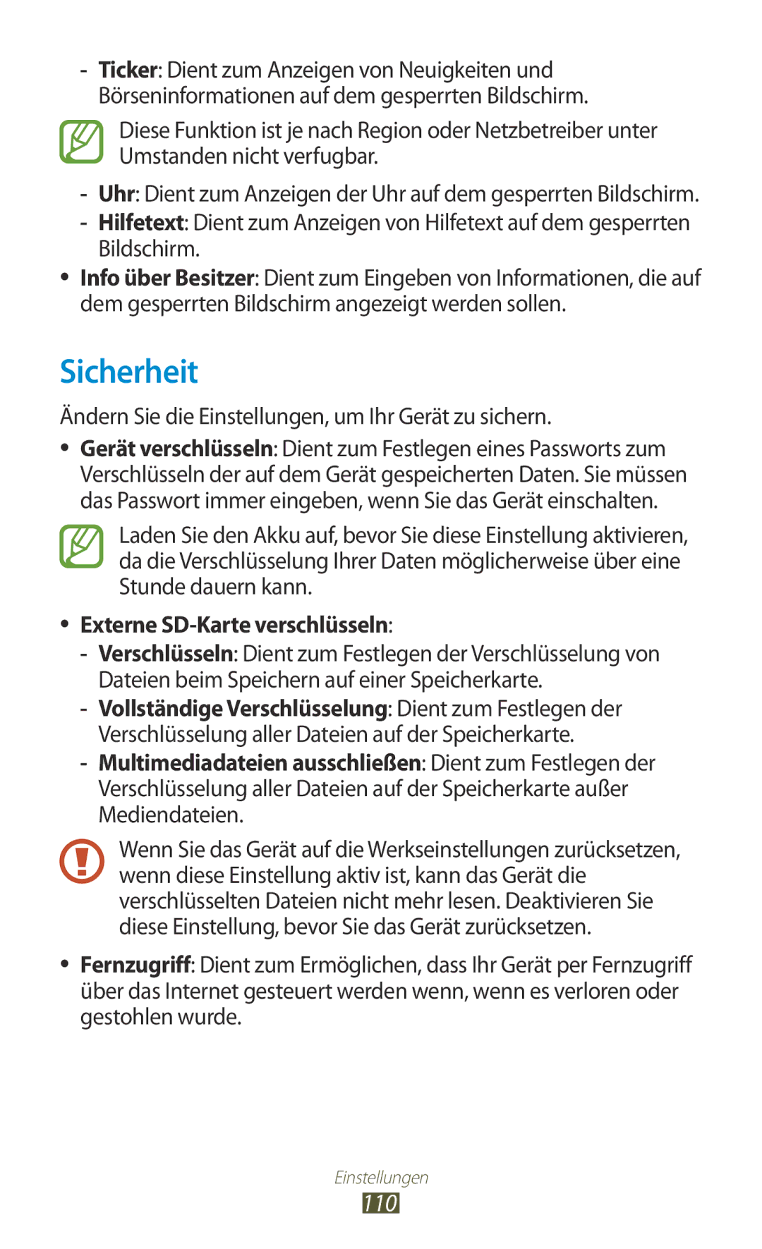 Samsung GT-P5110ZWAXEF Sicherheit, Ändern Sie die Einstellungen, um Ihr Gerät zu sichern, Externe SD-Karte verschlüsseln 