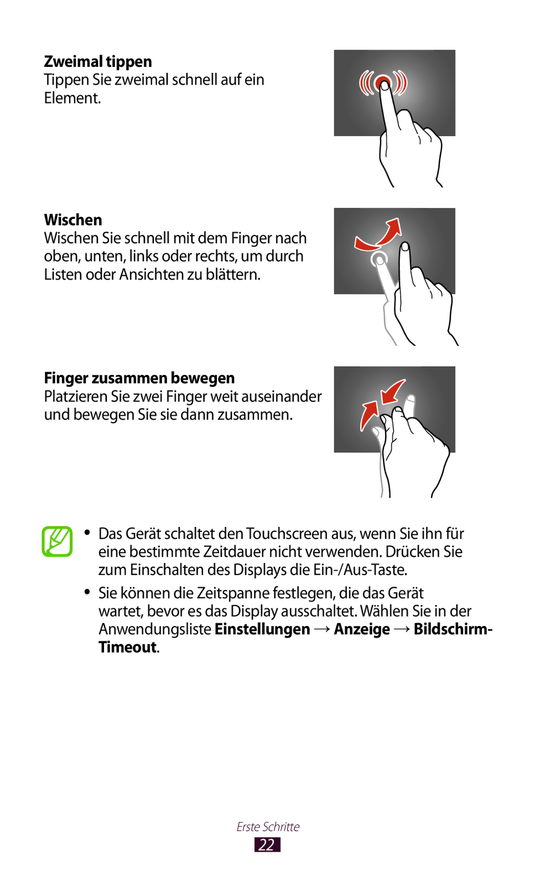 Samsung GT-P5110GRADBT manual Zweimal tippen, Tippen Sie zweimal schnell auf ein Element, Wischen, Finger zusammen bewegen 