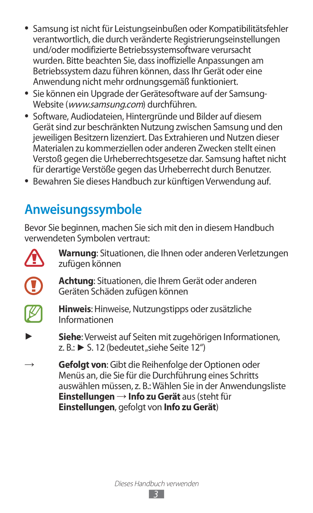 Samsung GT-P5110ZWAATO, GT-P5110TSATUR manual Anweisungssymbole, Bewahren Sie dieses Handbuch zur künftigen Verwendung auf 