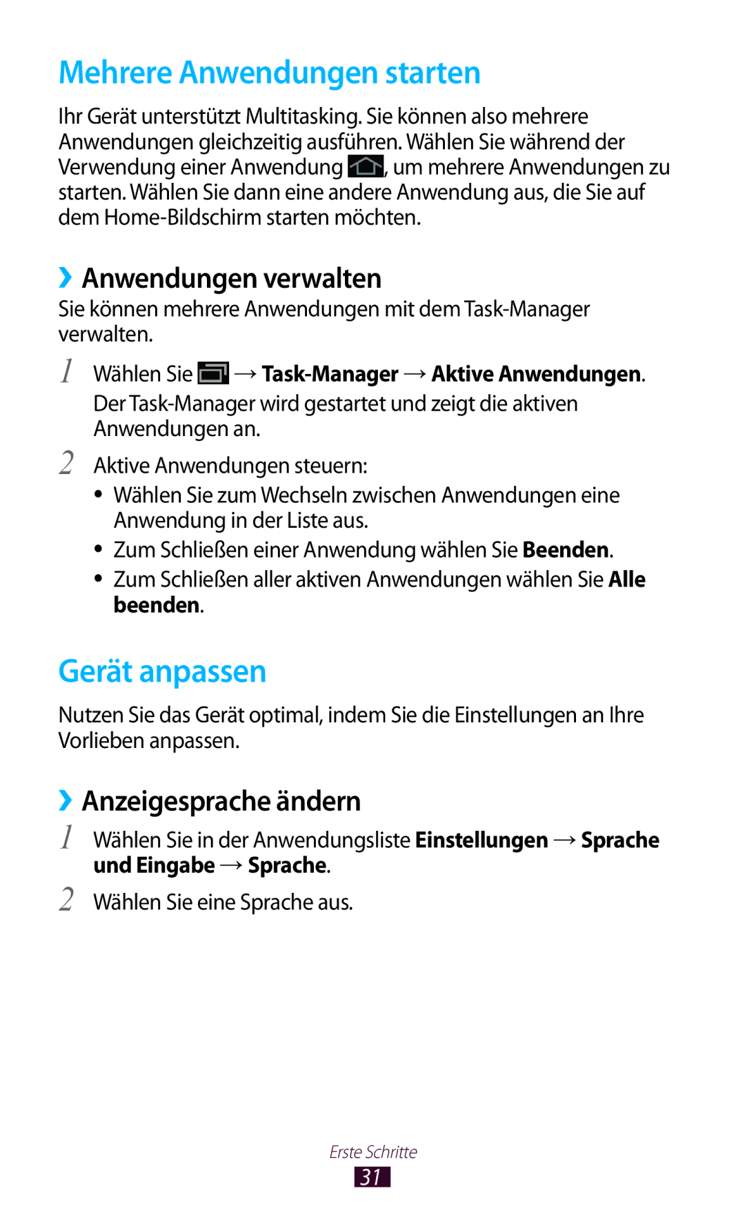 Samsung GT-P5110ZWAATO manual Mehrere Anwendungen starten, Gerät anpassen, ››Anwendungen verwalten, ››Anzeigesprache ändern 