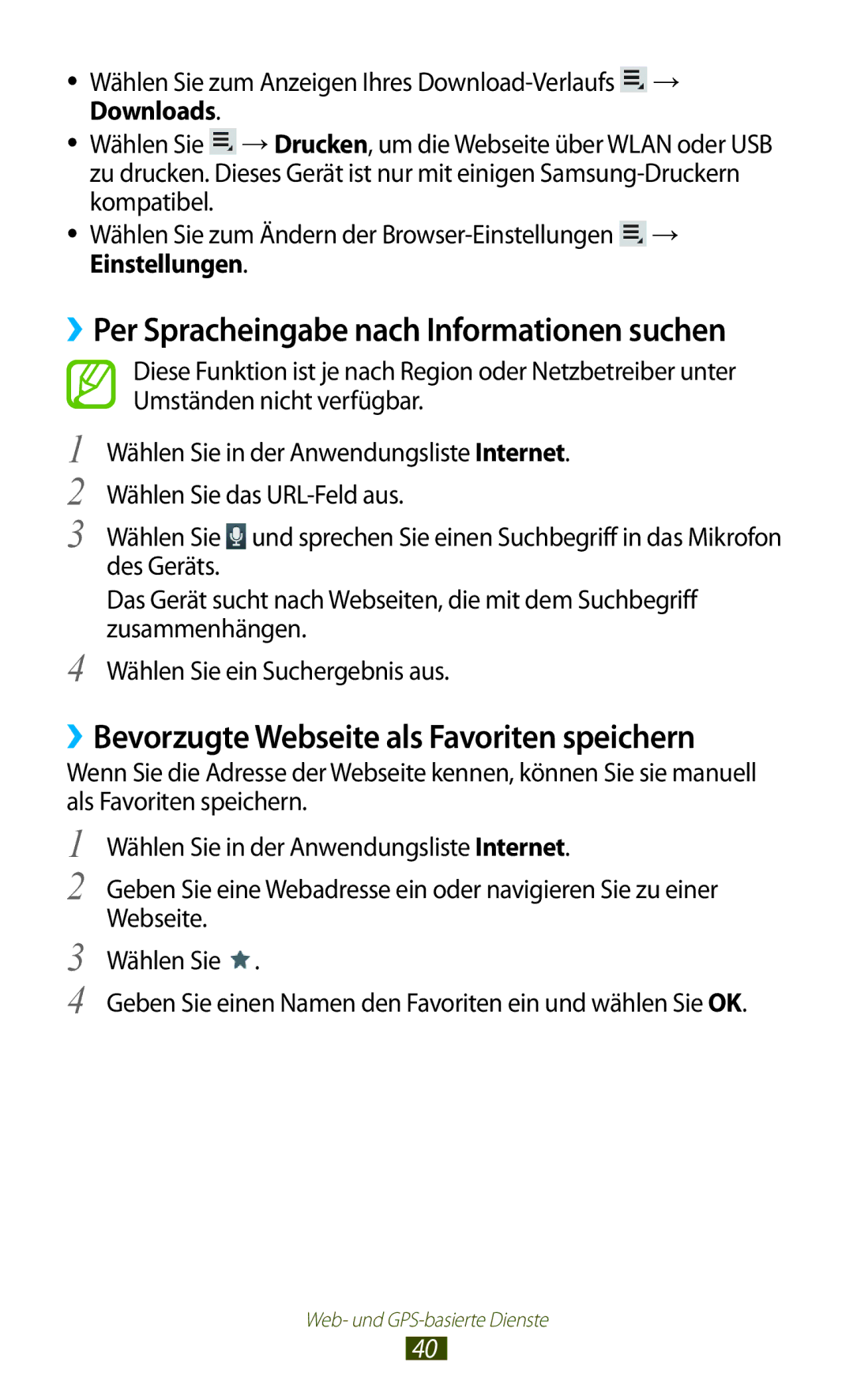 Samsung GT-P5110ZWAXEF manual ››Bevorzugte Webseite als Favoriten speichern, ››Per Spracheingabe nach Informationen suchen 