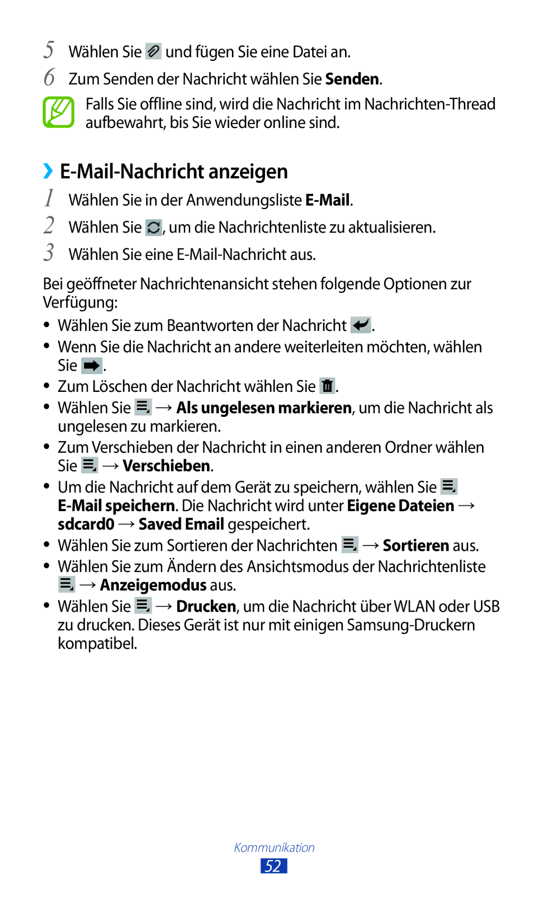 Samsung GT-P5110TSEAUT manual ››E-Mail-Nachricht anzeigen, Wählen Sie in der Anwendungsliste E-Mail, →Anzeigemodus aus 