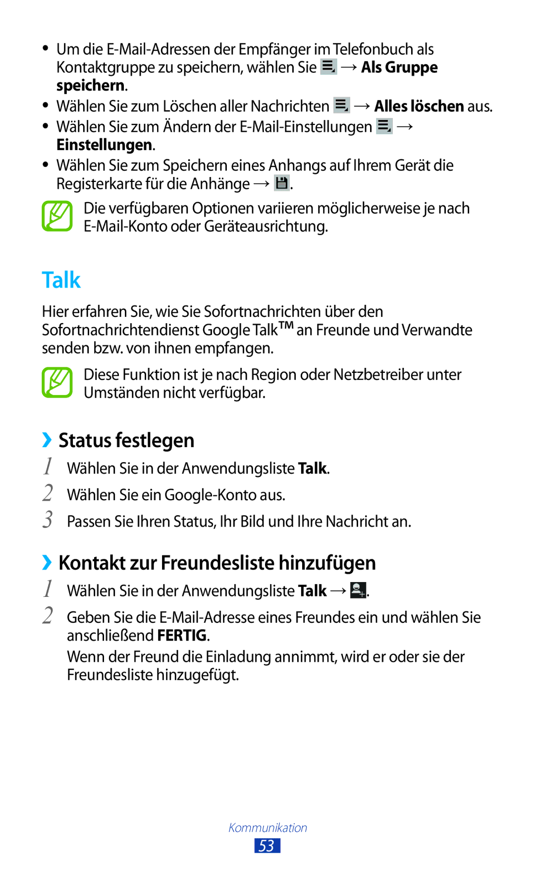 Samsung GT-P5110ZWATUR, GT-P5110TSATUR, GT-P5110GRAATO Talk, ››Status festlegen, ››Kontakt zur Freundesliste hinzufügen 