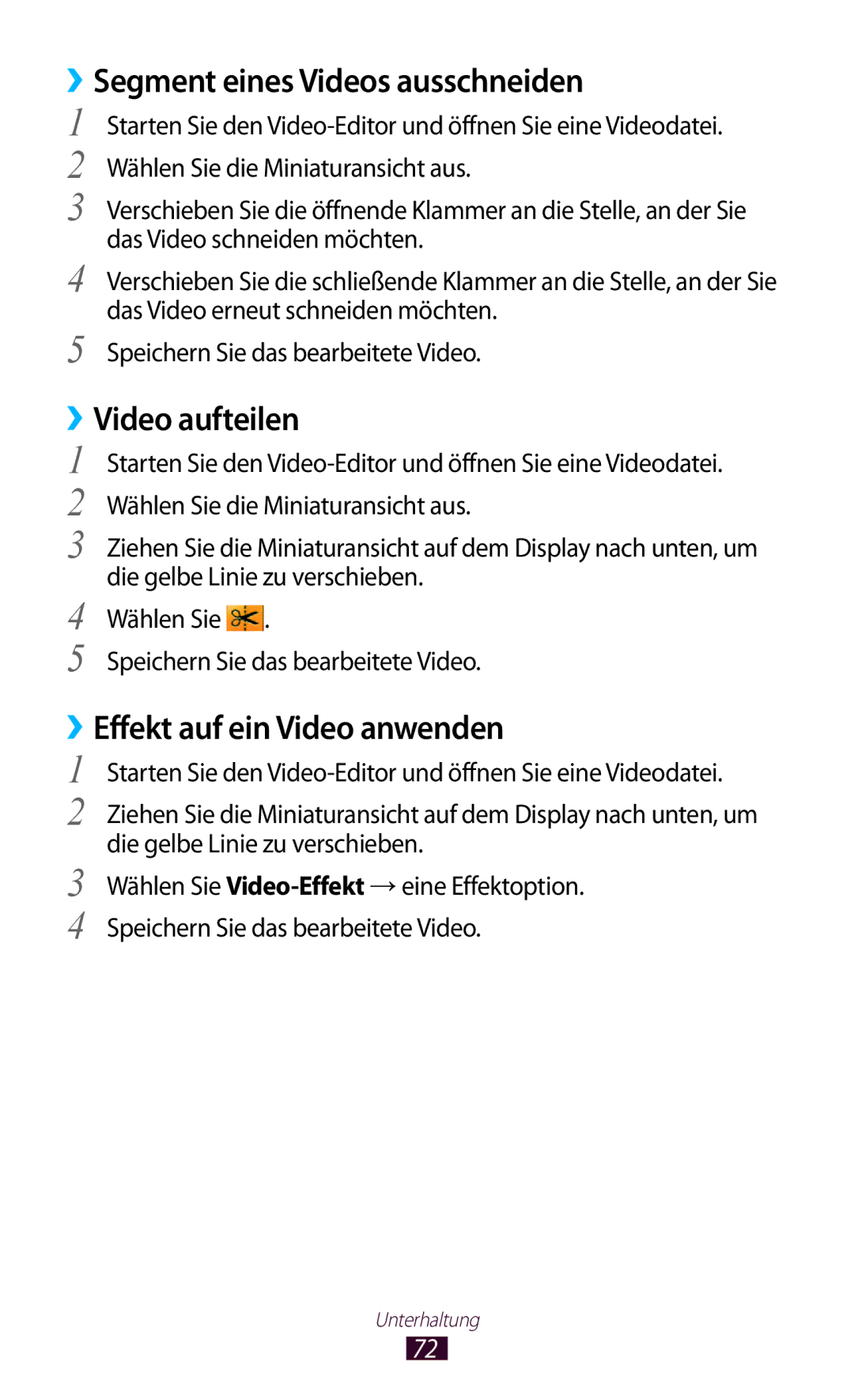 Samsung GT-P5110ZWAITV manual ››Segment eines Videos ausschneiden, ››Video aufteilen, ››Effekt auf ein Video anwenden 
