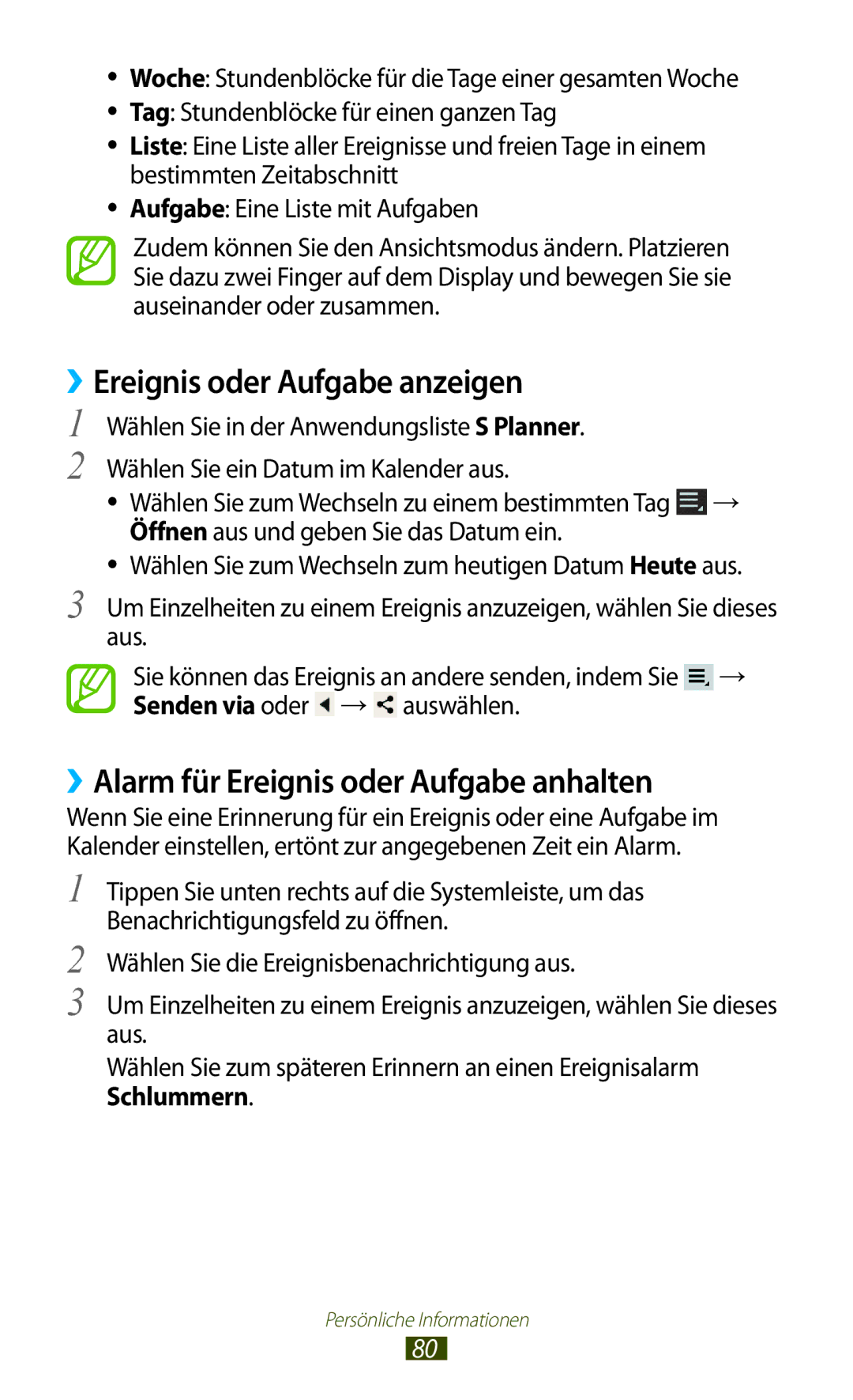 Samsung GT-P5110TSEAUT manual ››Ereignis oder Aufgabe anzeigen, ››Alarm für Ereignis oder Aufgabe anhalten, Senden via oder 