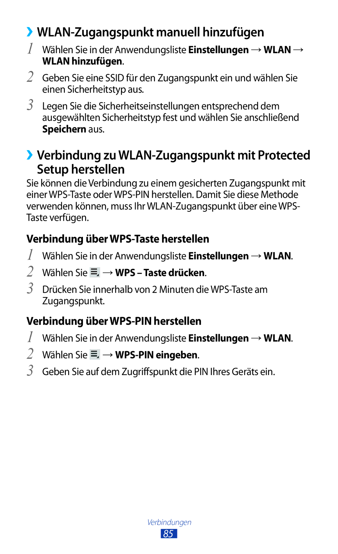 Samsung GT-P5110GRAATO, GT-P5110TSATUR manual ››WLAN-Zugangspunkt manuell hinzufügen, Setup herstellen, Wlan hinzufügen 