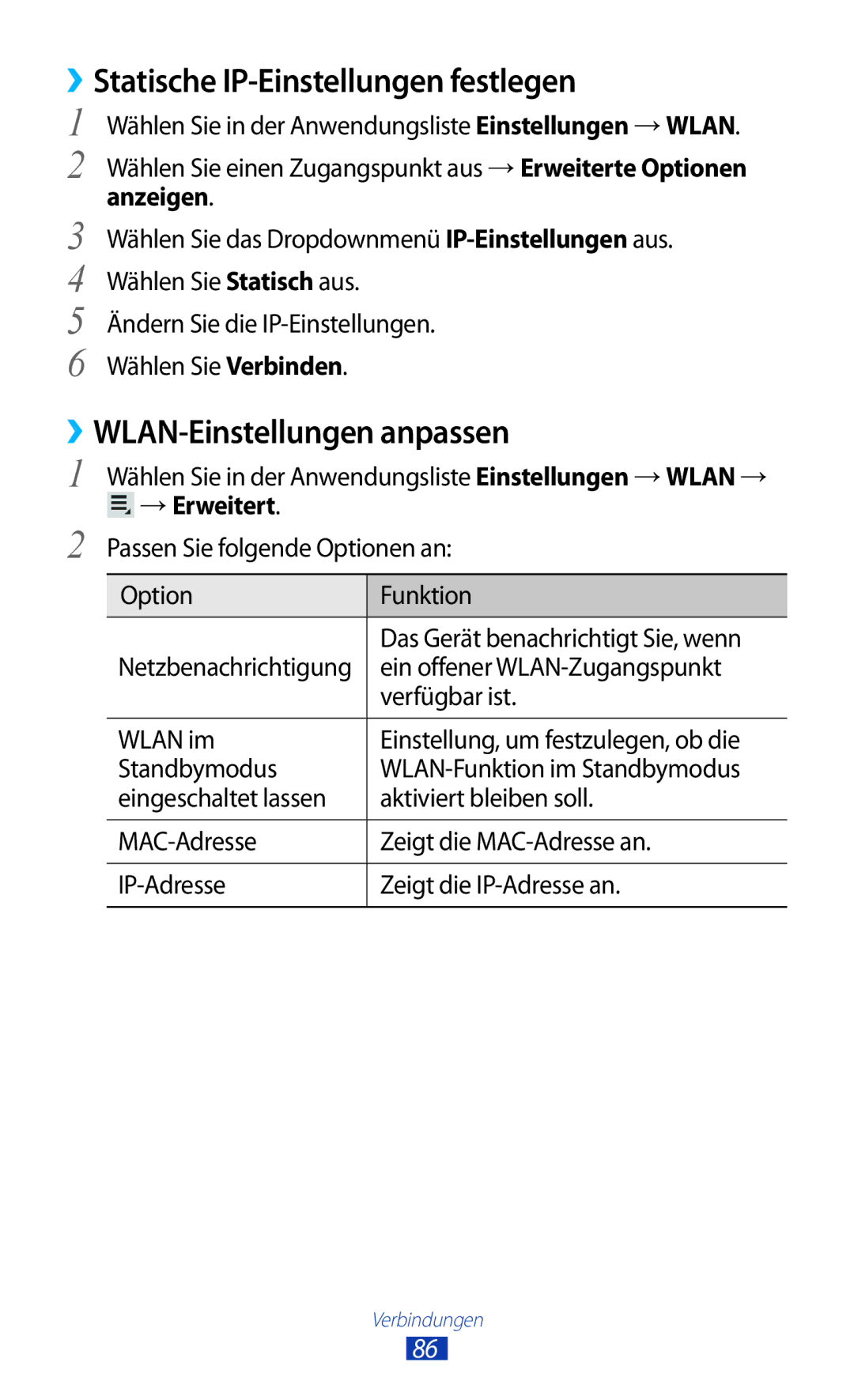 Samsung GT-P5110ZWAITV, GT-P5110TSATUR manual ››Statische IP-Einstellungen festlegen, ››WLAN-Einstellungen anpassen 