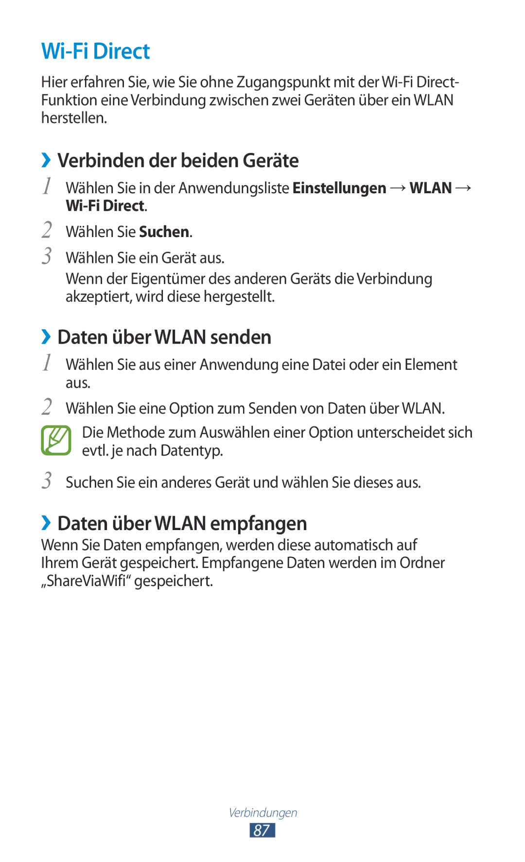 Samsung GT-P5110ZWAATO Wi-Fi Direct, ››Verbinden der beiden Geräte, ››Daten über Wlan senden, ››Daten über Wlan empfangen 