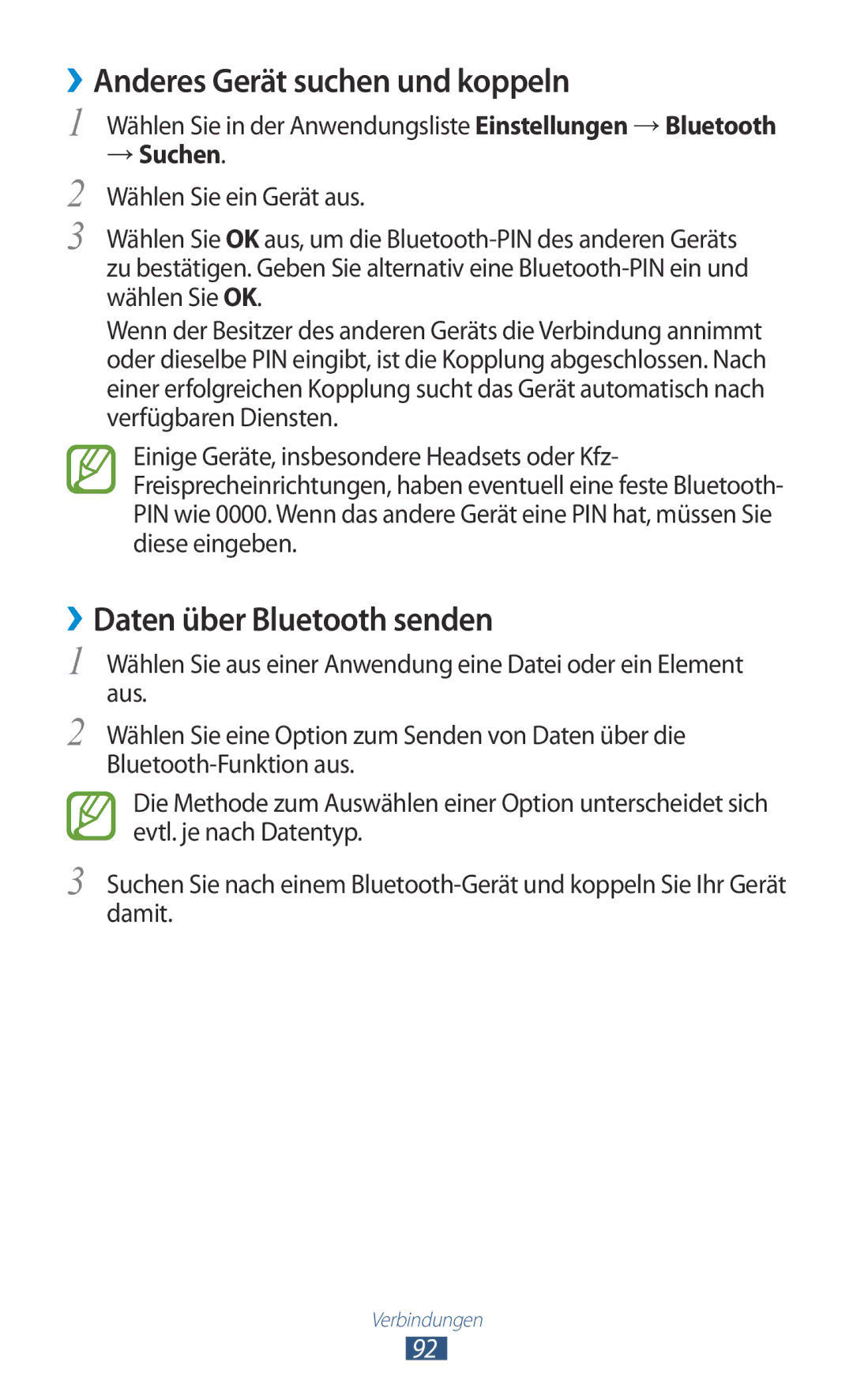 Samsung GT-P5110GRADBT, GT-P5110TSATUR manual ››Anderes Gerät suchen und koppeln, ››Daten über Bluetooth senden, → Suchen 