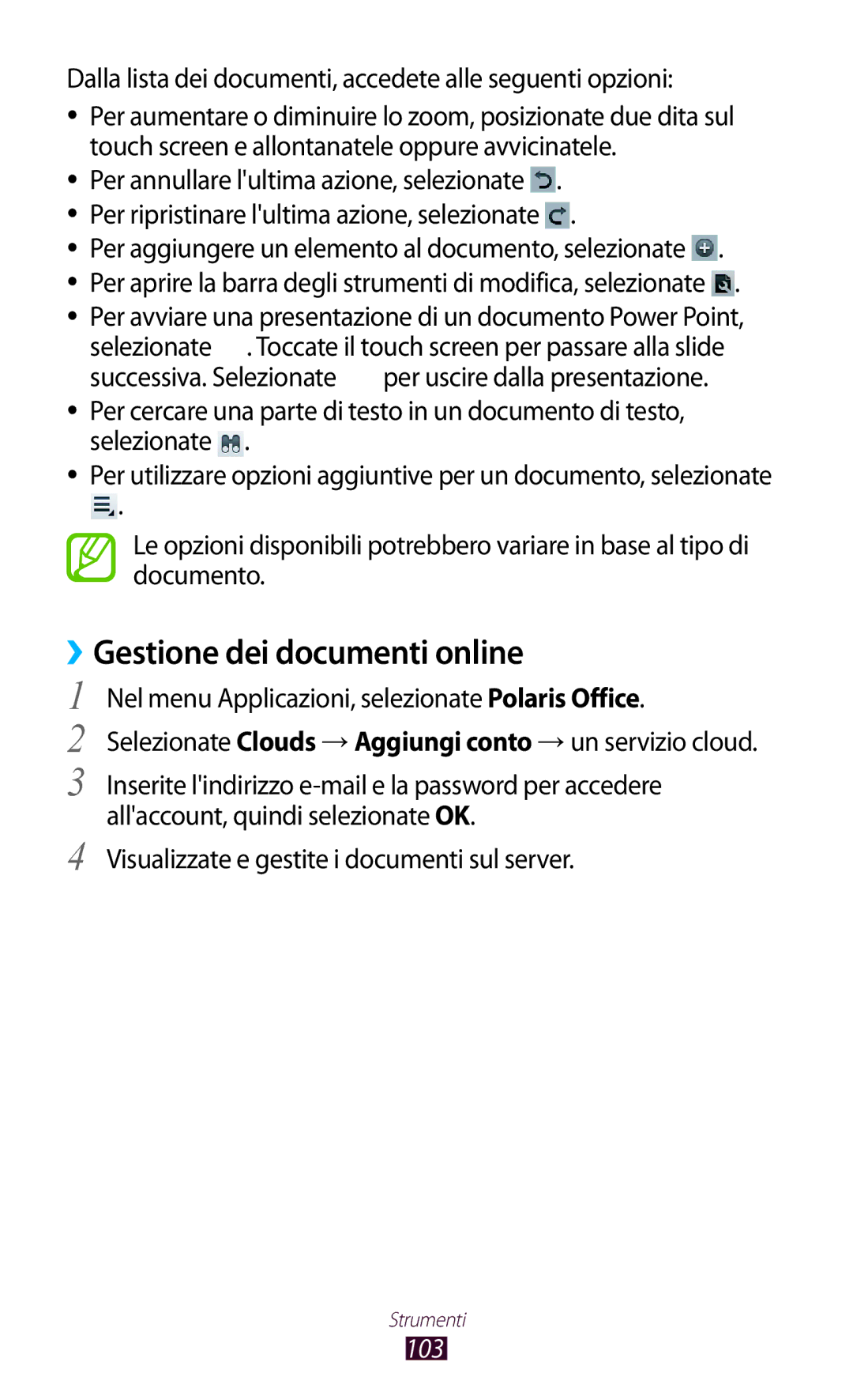 Samsung GT-P5110ZWAXEO manual ››Gestione dei documenti online, Dalla lista dei documenti, accedete alle seguenti opzioni 