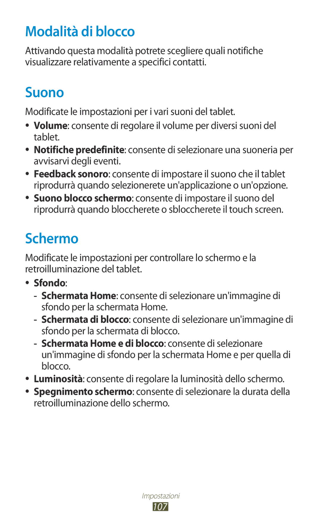 Samsung GT-P5110ZWAXEO, GT-P5110ZWAITV manual Modalità di blocco, Suono, Schermo, Sfondo 