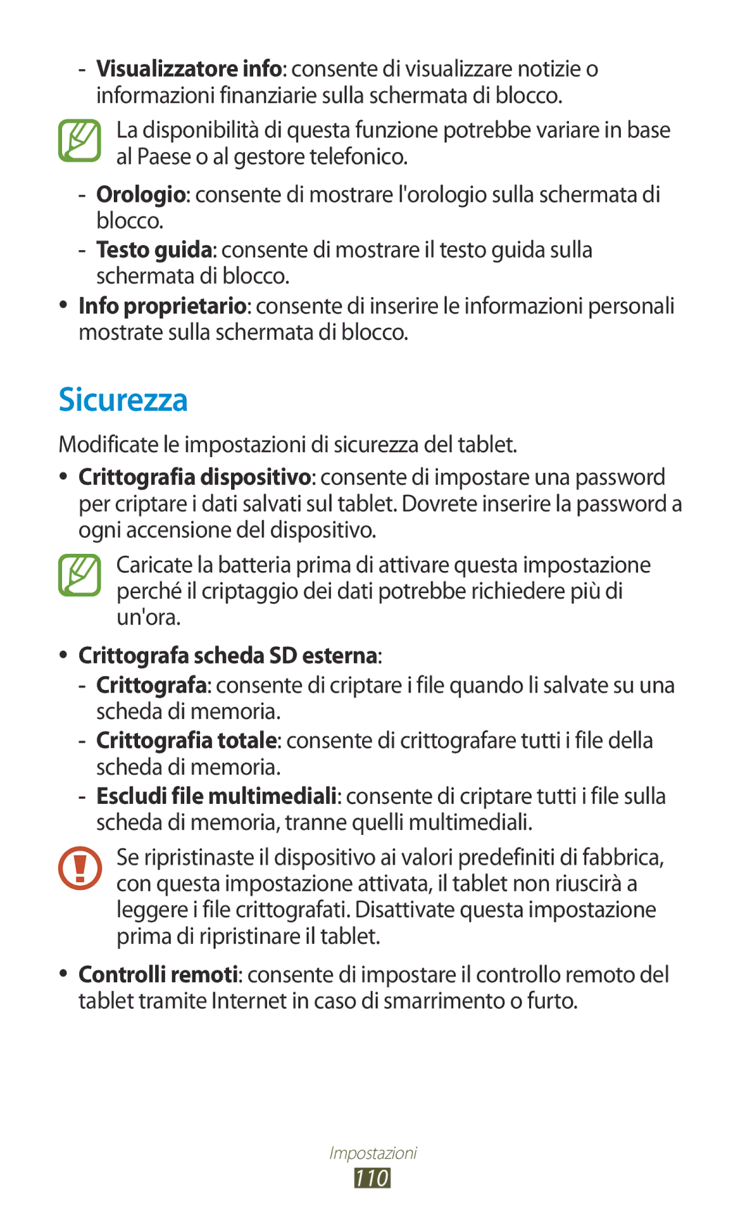 Samsung GT-P5110ZWAITV, GT-P5110ZWAXEO manual Sicurezza, Crittografa scheda SD esterna 