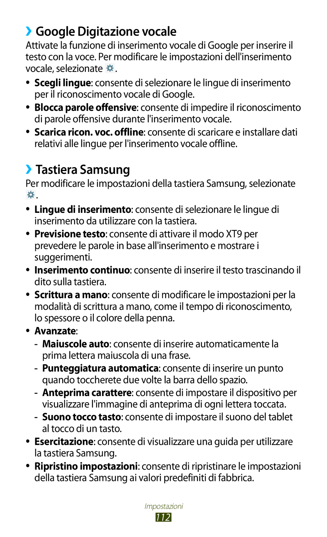 Samsung GT-P5110ZWAITV, GT-P5110ZWAXEO manual ››Google Digitazione vocale, ››Tastiera Samsung, Avanzate 