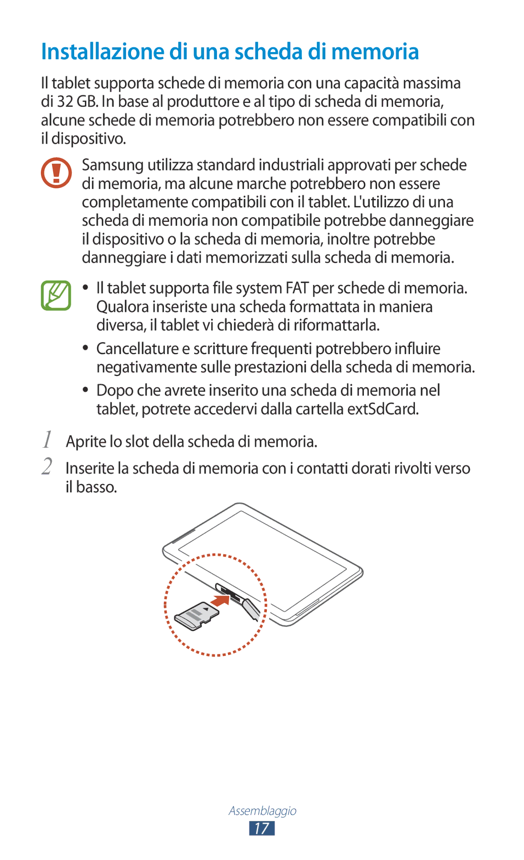 Samsung GT-P5110ZWAXEO, GT-P5110ZWAITV manual Installazione di una scheda di memoria 