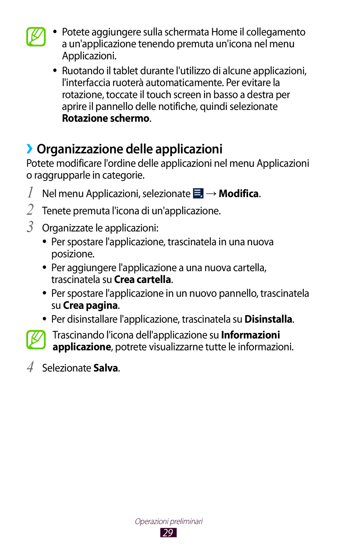 Samsung GT-P5110ZWAXEO, GT-P5110ZWAITV manual ››Organizzazione delle applicazioni, Selezionate Salva 