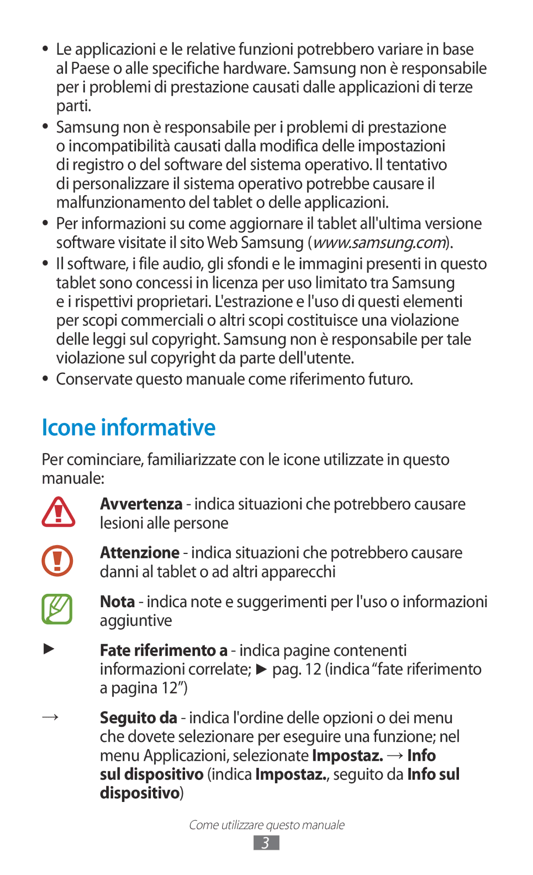 Samsung GT-P5110ZWAXEO, GT-P5110ZWAITV Icone informative, Conservate questo manuale come riferimento futuro 