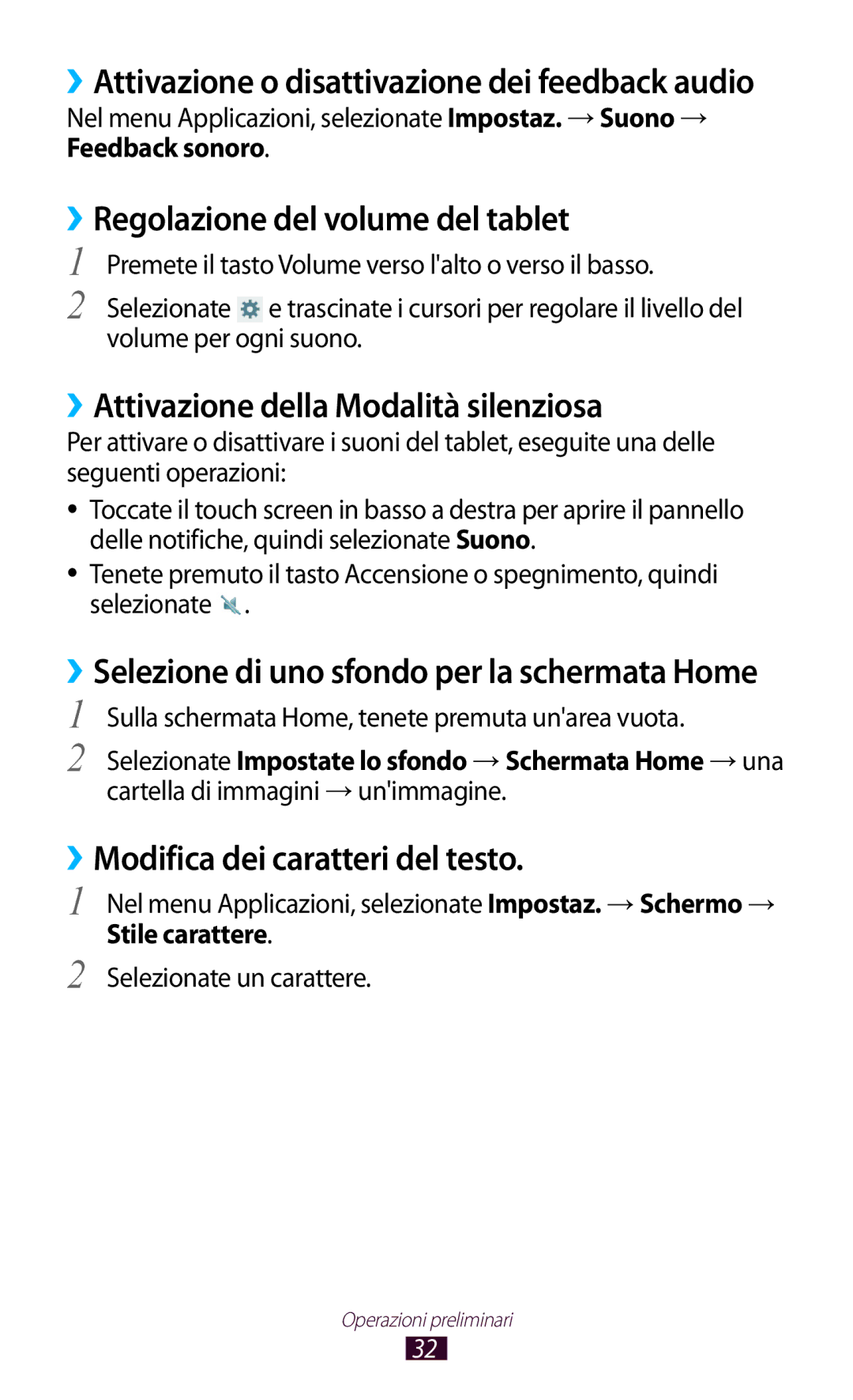 Samsung GT-P5110ZWAITV manual ››Regolazione del volume del tablet, ››Attivazione della Modalità silenziosa, Feedback sonoro 