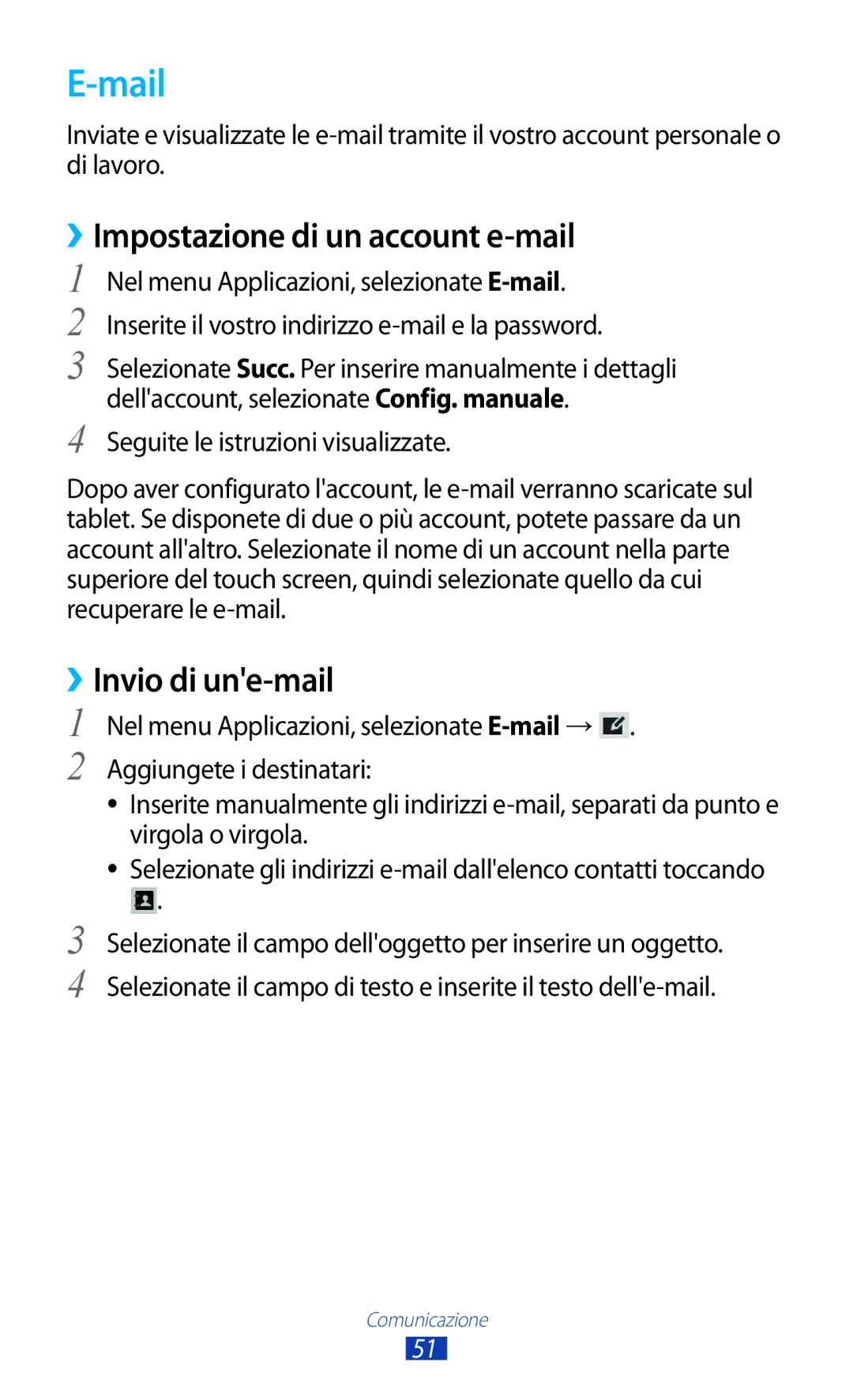 Samsung GT-P5110ZWAXEO, GT-P5110ZWAITV manual Mail, ››Impostazione di un account e-mail, Seguite le istruzioni visualizzate 