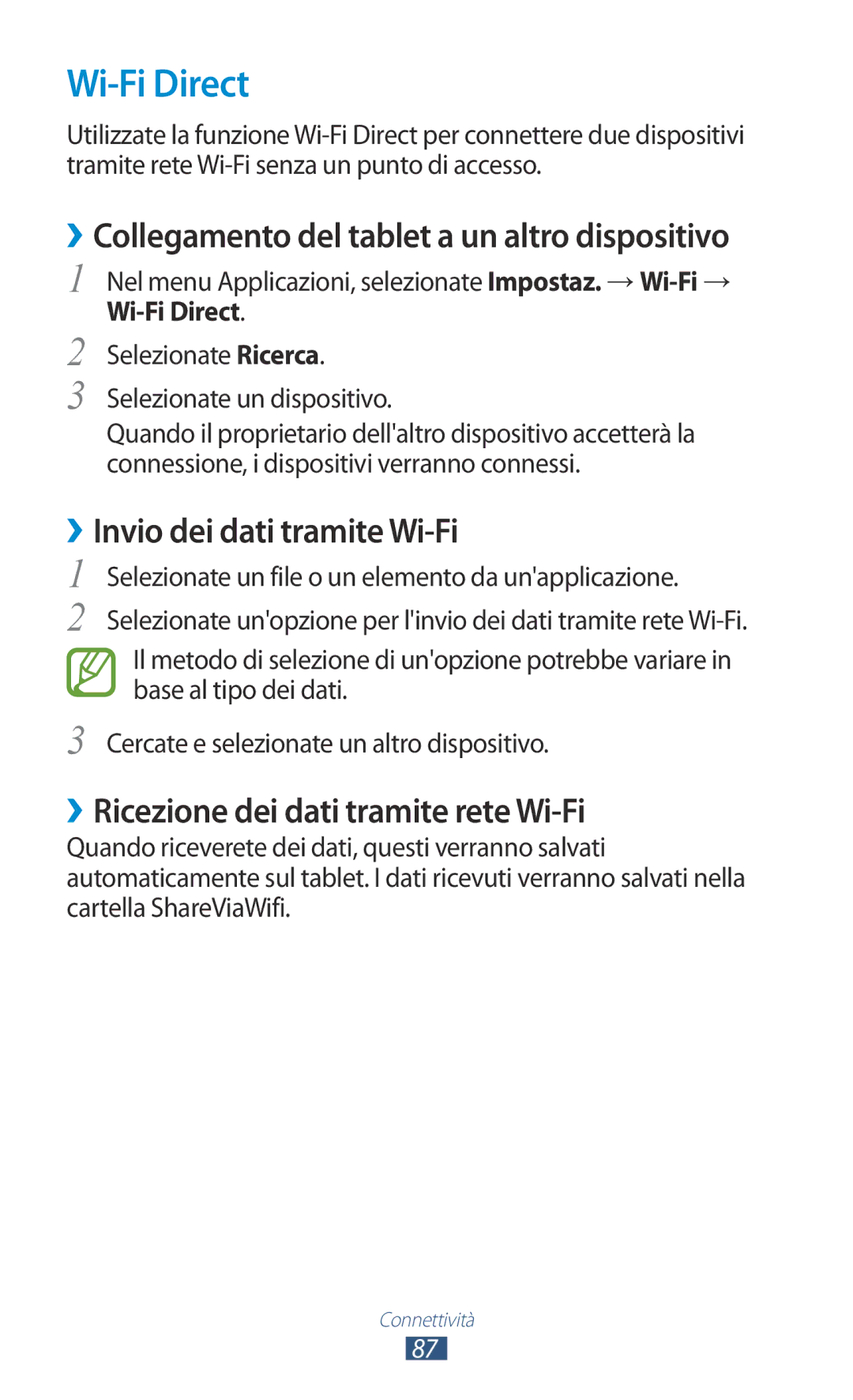 Samsung GT-P5110ZWAXEO Wi-Fi Direct, ››Collegamento del tablet a un altro dispositivo, ››Invio dei dati tramite Wi-Fi 